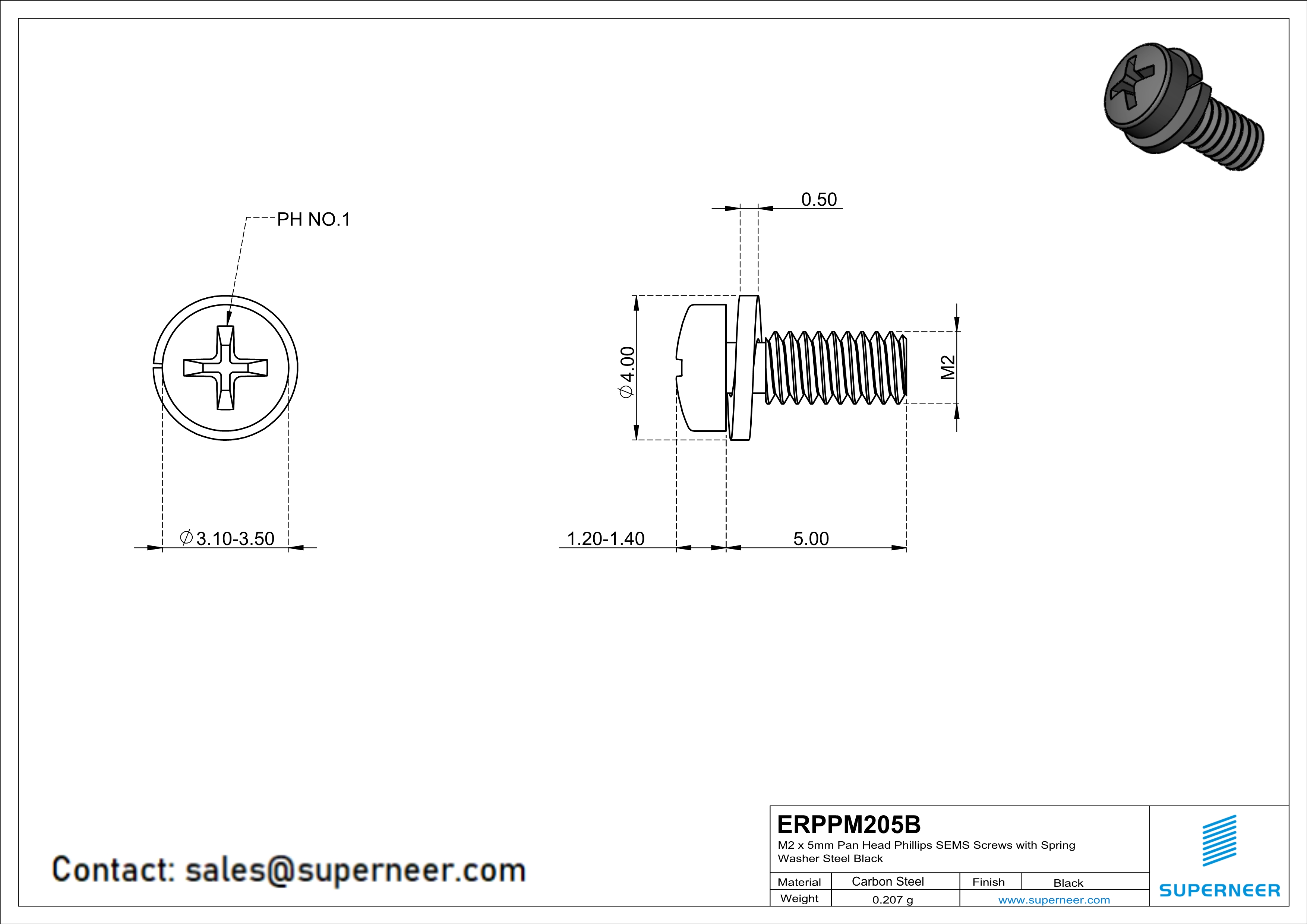 M2 x 5mm Pan Head Phillips SEMS Screws with Spring Washer Steel Black