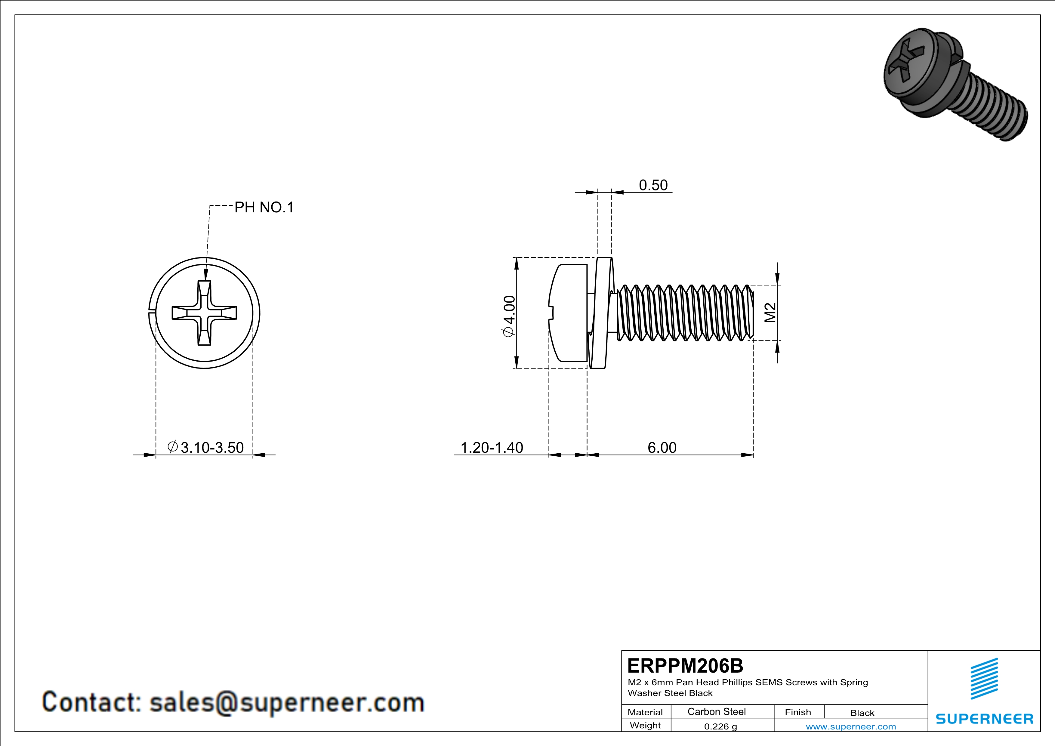 M2 x 6mm Pan Head Phillips SEMS Screws with Spring Washer Steel Black