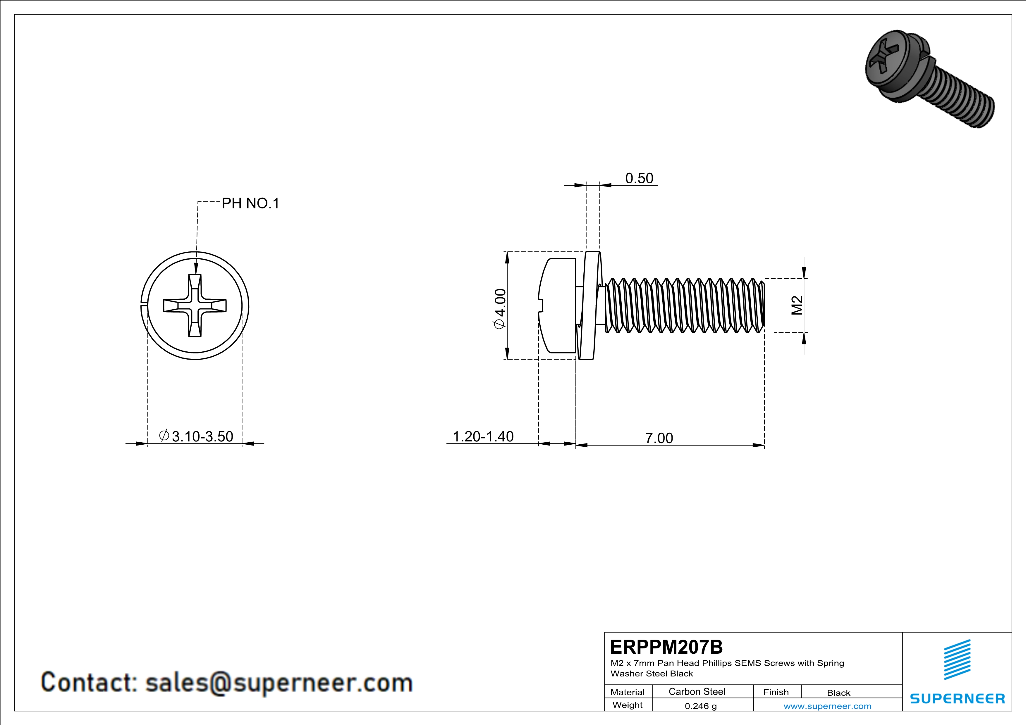 M2 x 7mm Pan Head Phillips SEMS Screws with Spring Washer Steel Black