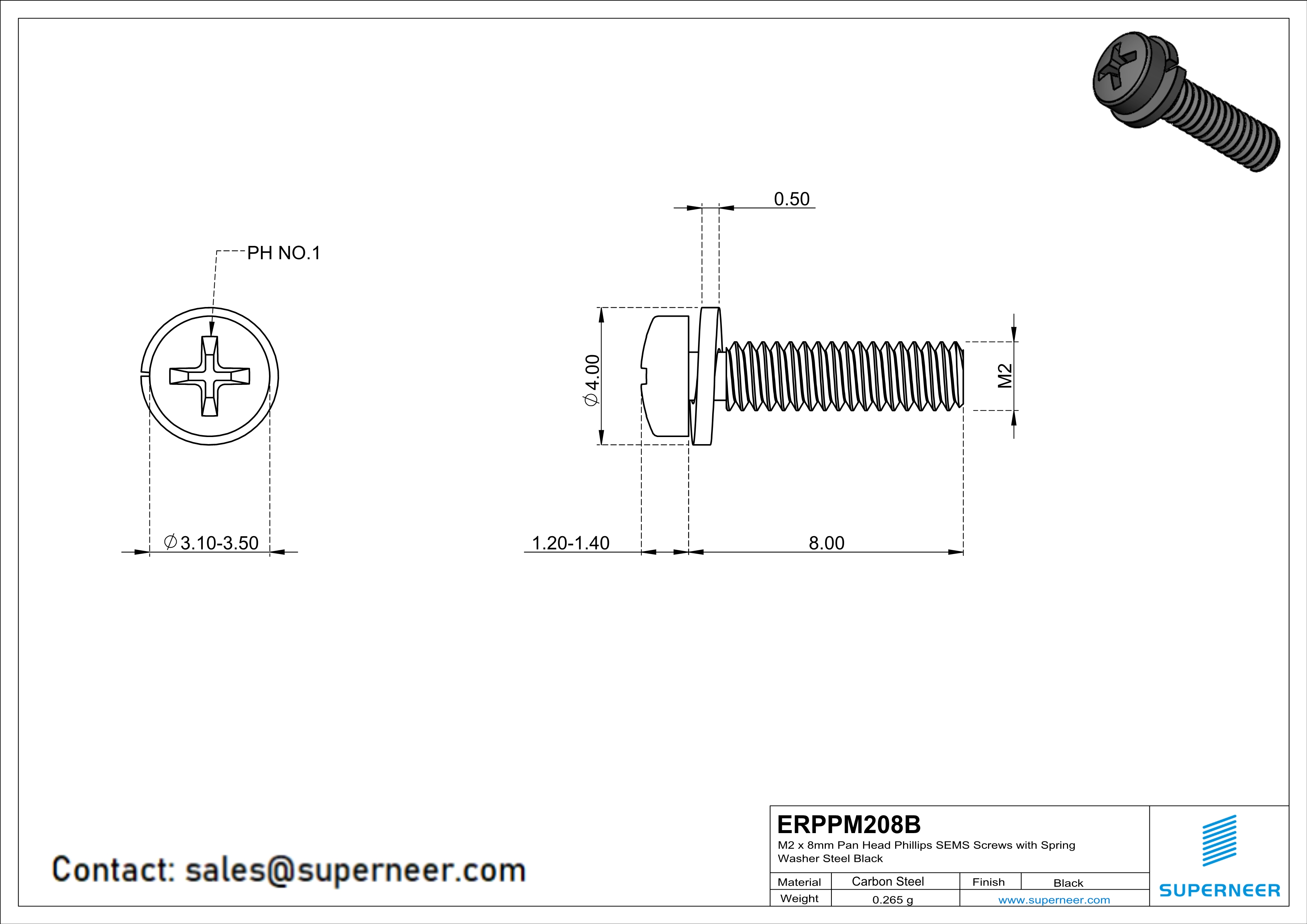 M2 x 8mm Pan Head Phillips SEMS Screws with Spring Washer Steel Black