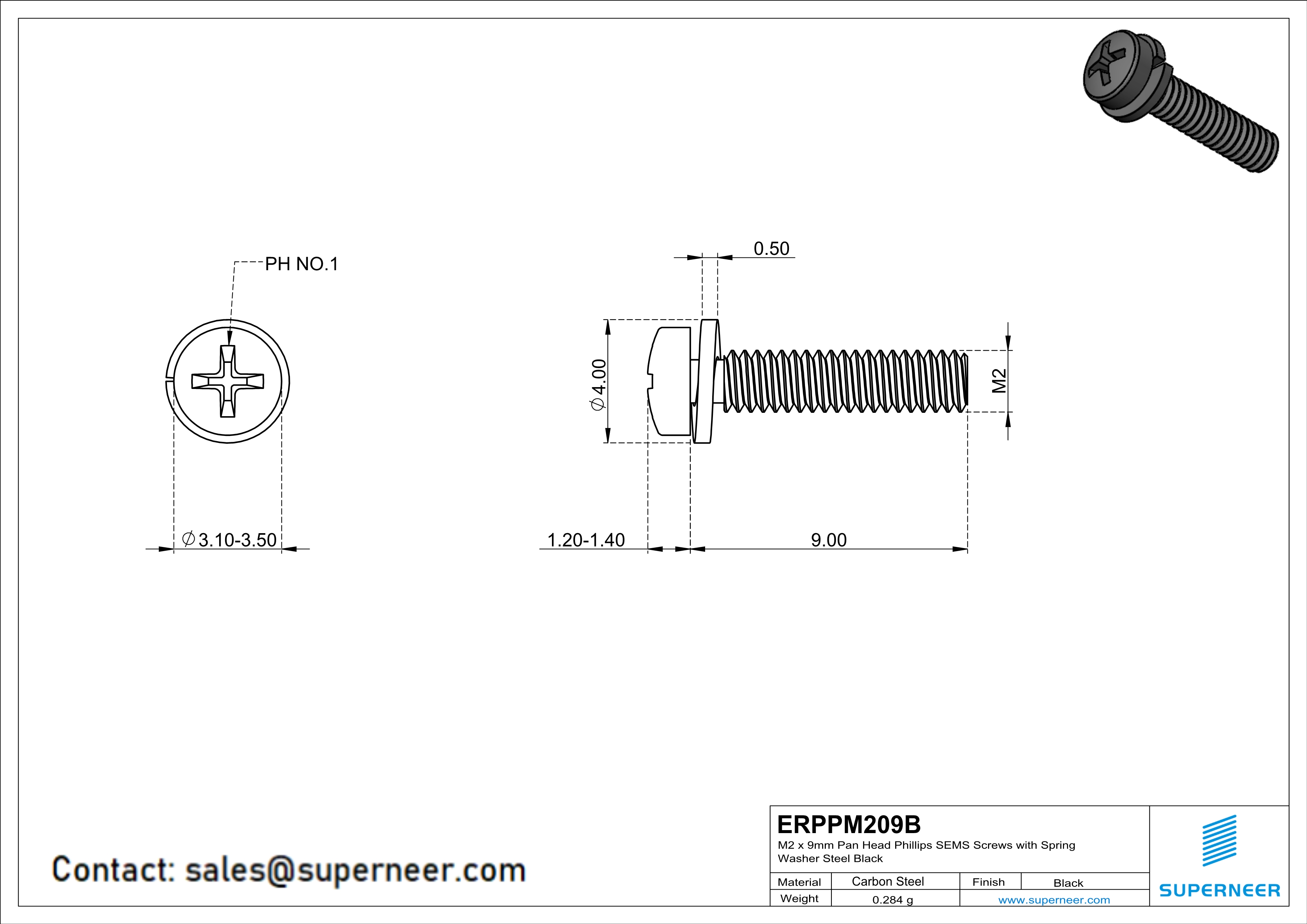 M2 x 9mm Pan Head Phillips SEMS Screws with Spring Washer Steel Black