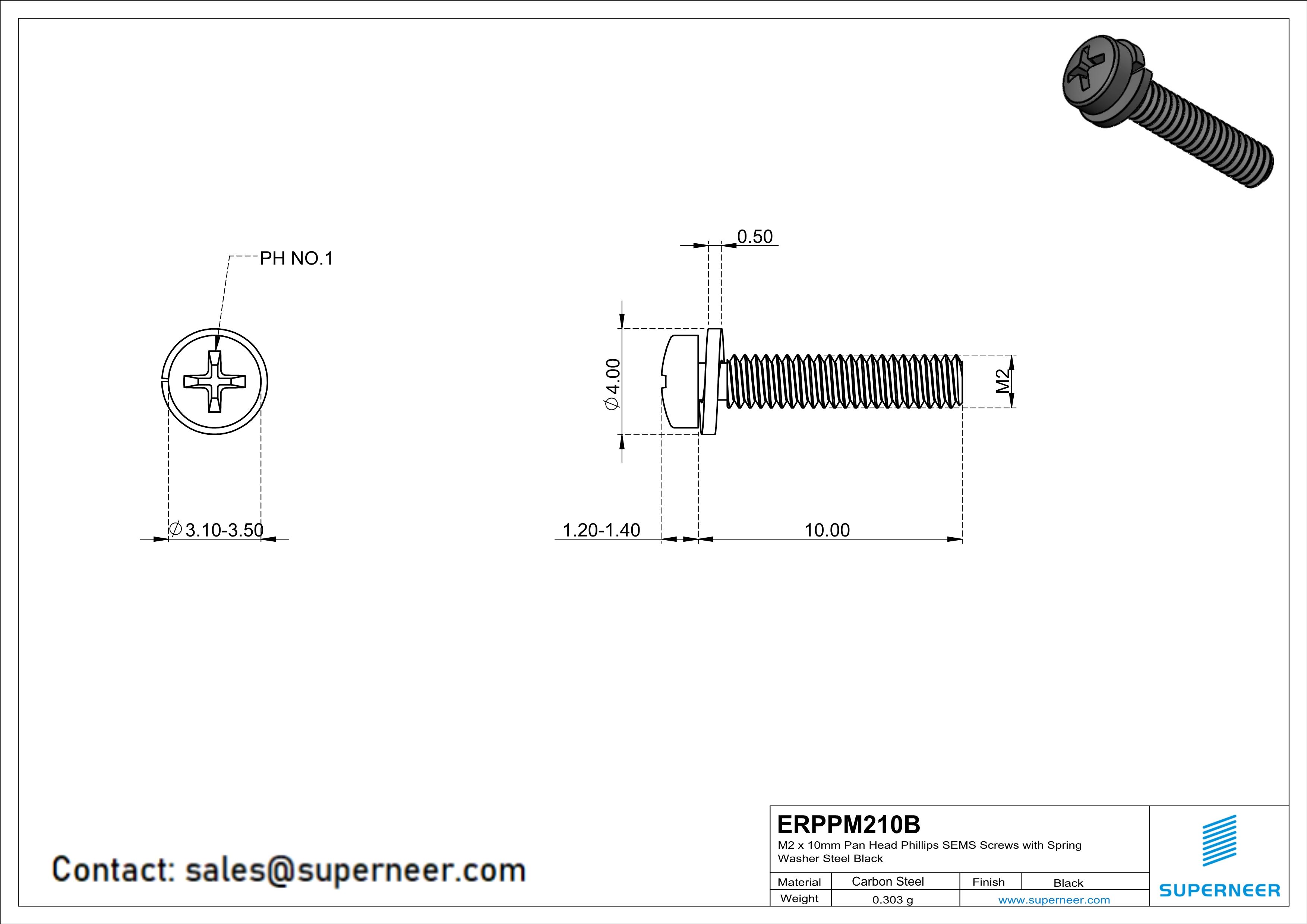 M2 x 10mm Pan Head Phillips SEMS Screws with Spring Washer Steel Black