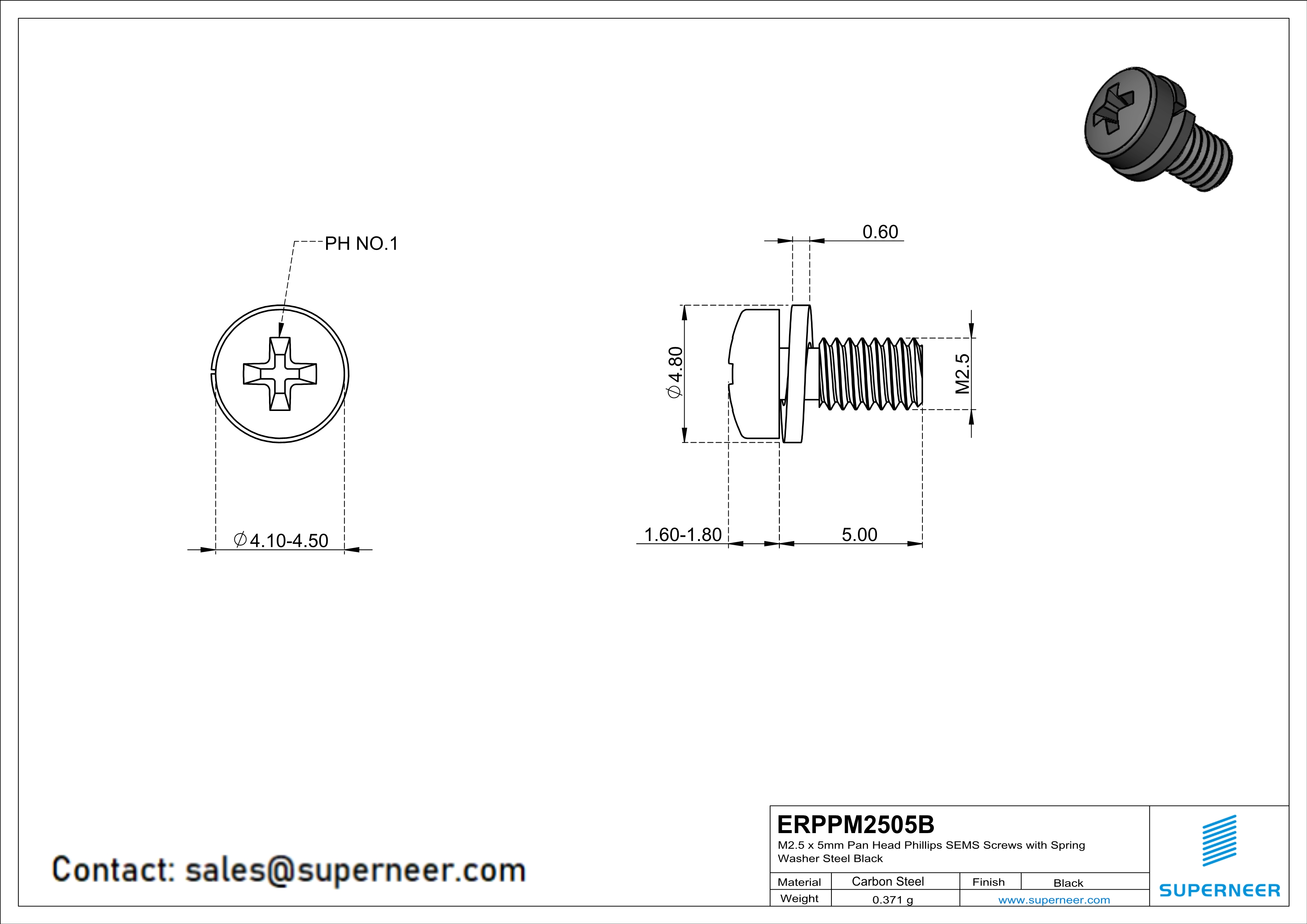 M2.5 x 5mm Pan Head Phillips SEMS Screws with Spring Washer Steel Black