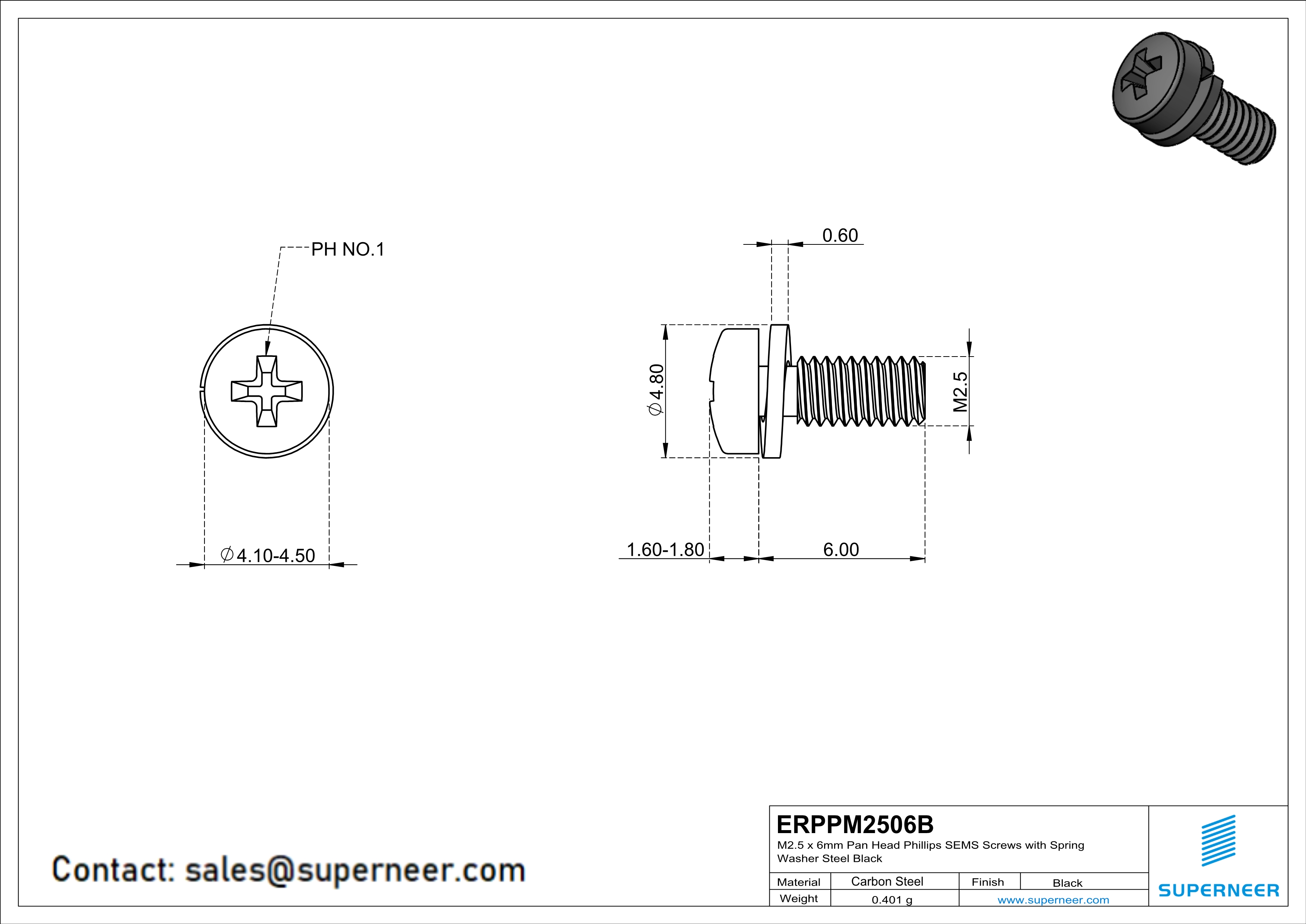 M2.5 x 6mm Pan Head Phillips SEMS Screws with Spring Washer Steel Black