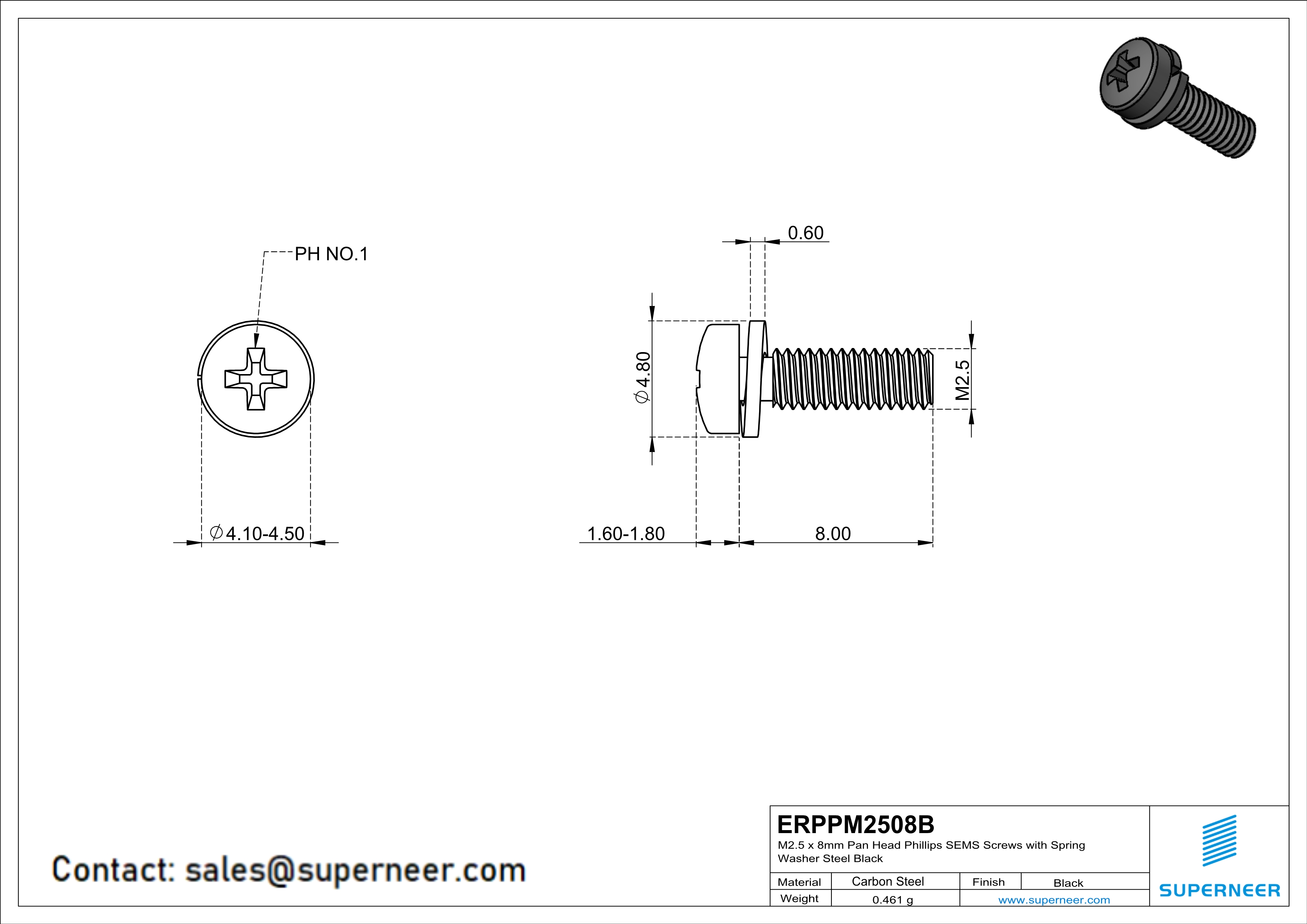 M2.5 x 8mm Pan Head Phillips SEMS Screws with Spring Washer Steel Black