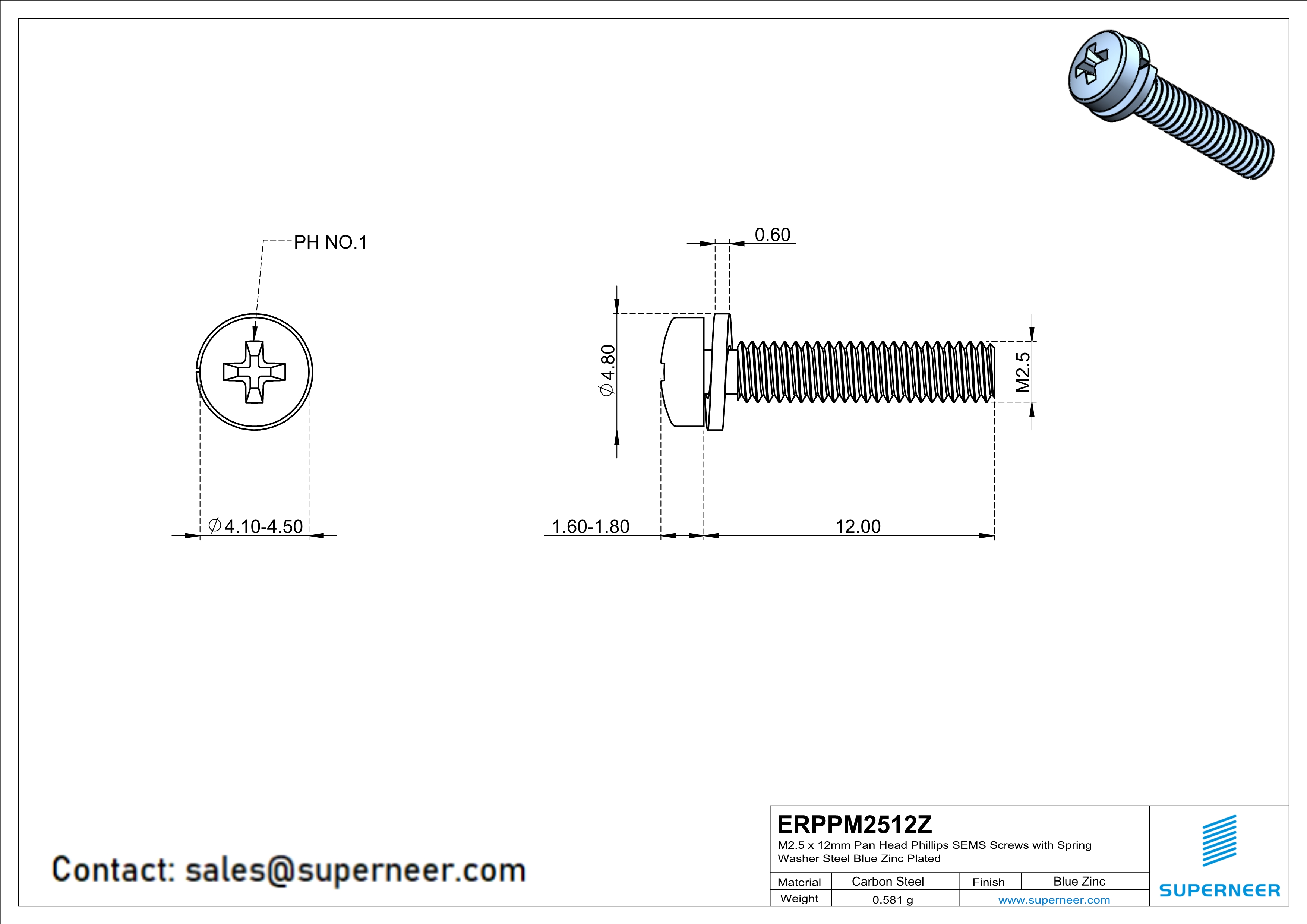 M2.5 x 12mm Pan Head Phillips SEMS Screws with Spring Washer Steel Blue Zinc Plated