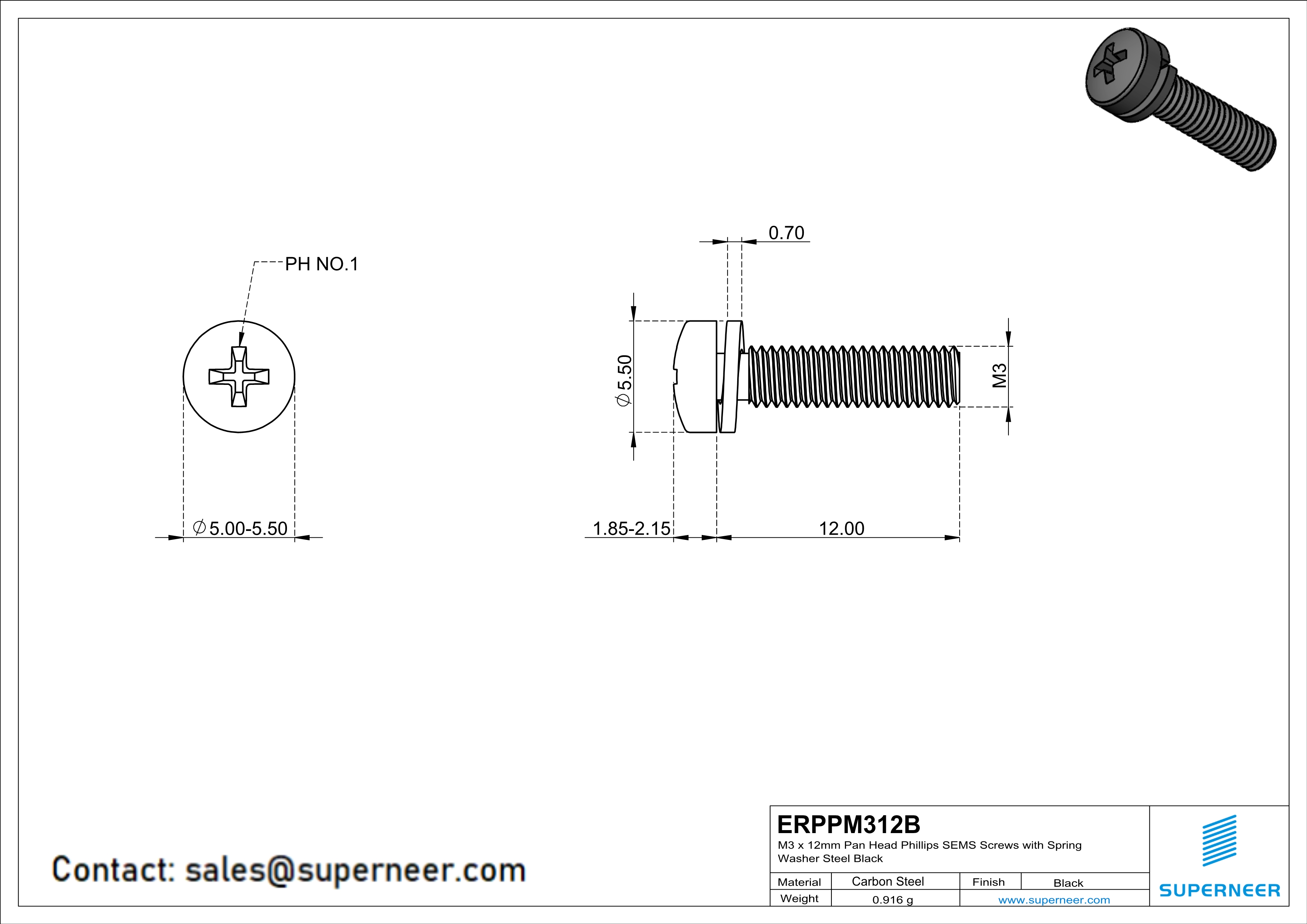 M3 x 12mm Pan Head Phillips SEMS Screws with Spring Washer Steel Black