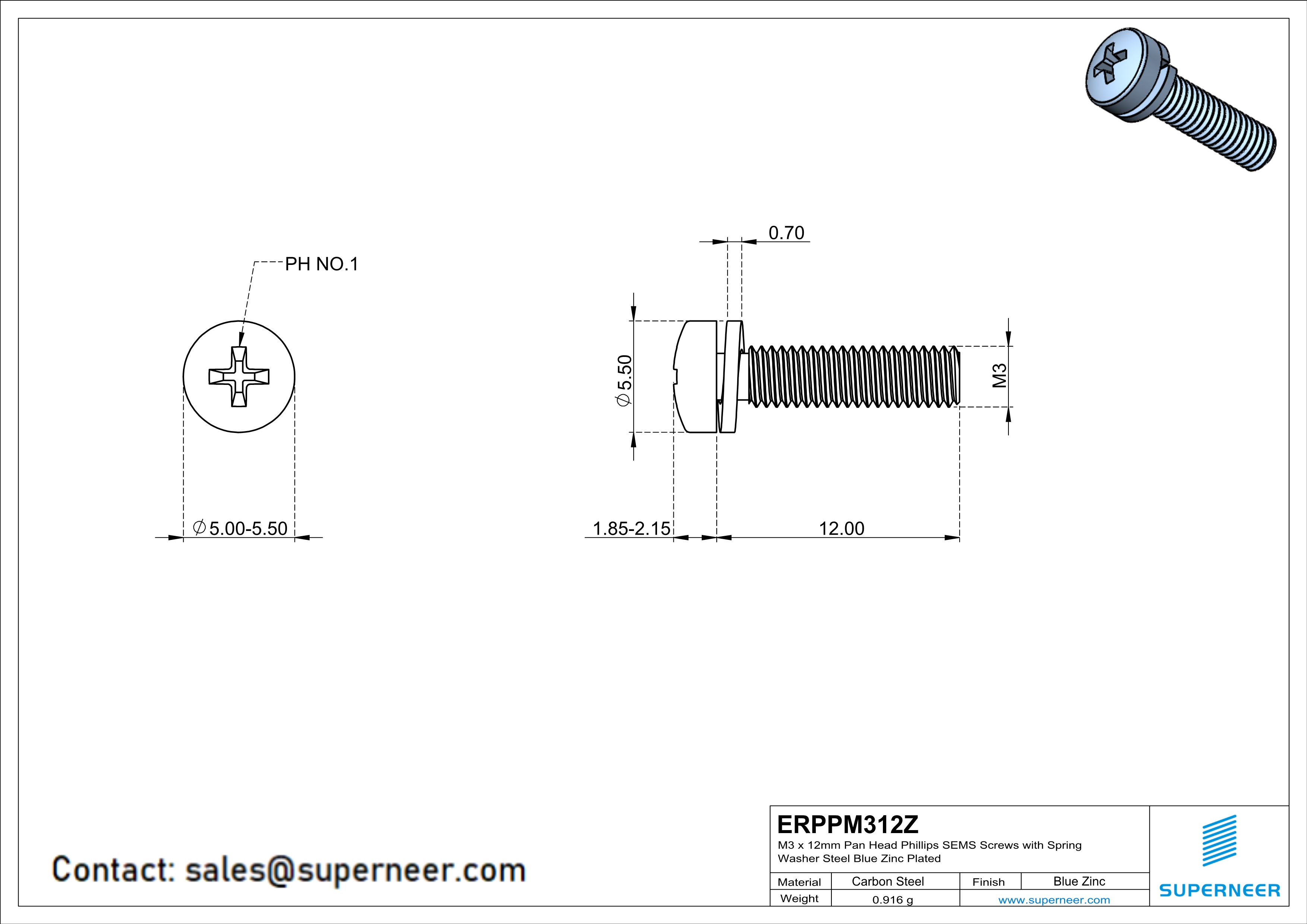 M3 x 12mm Pan Head Phillips SEMS Screws with Spring Washer Steel Blue Zinc Plated