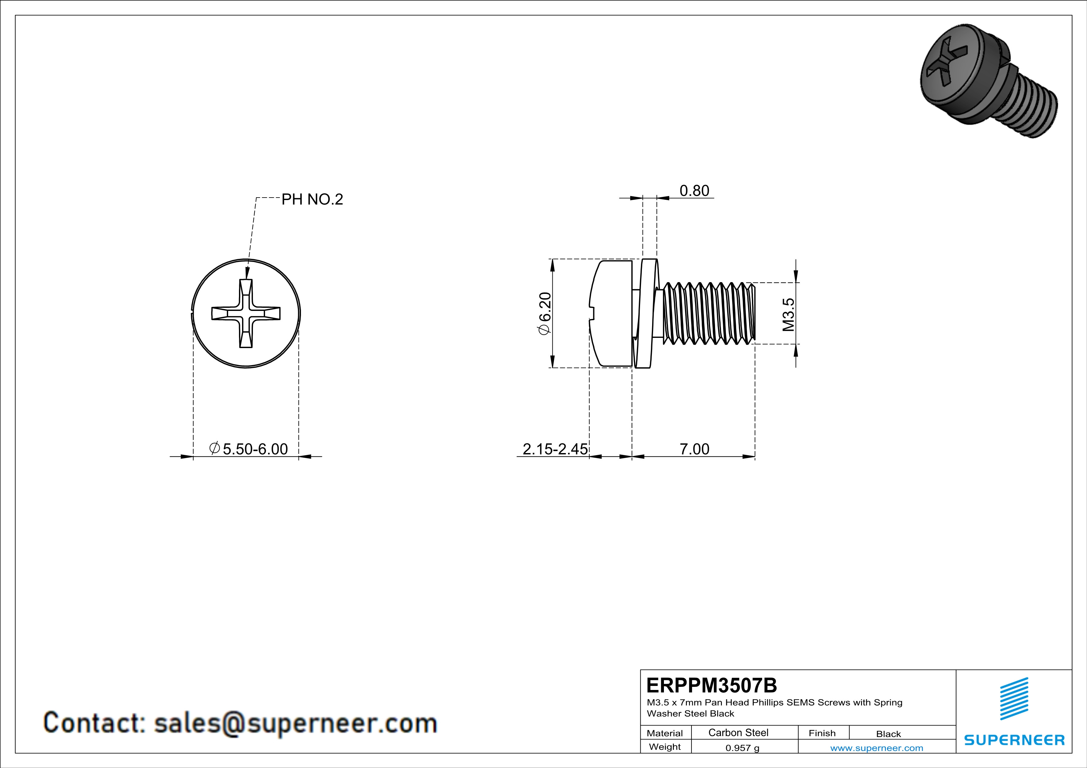 M3.5 x 7mm Pan Head Phillips SEMS Screws with Spring Washer Steel Black
