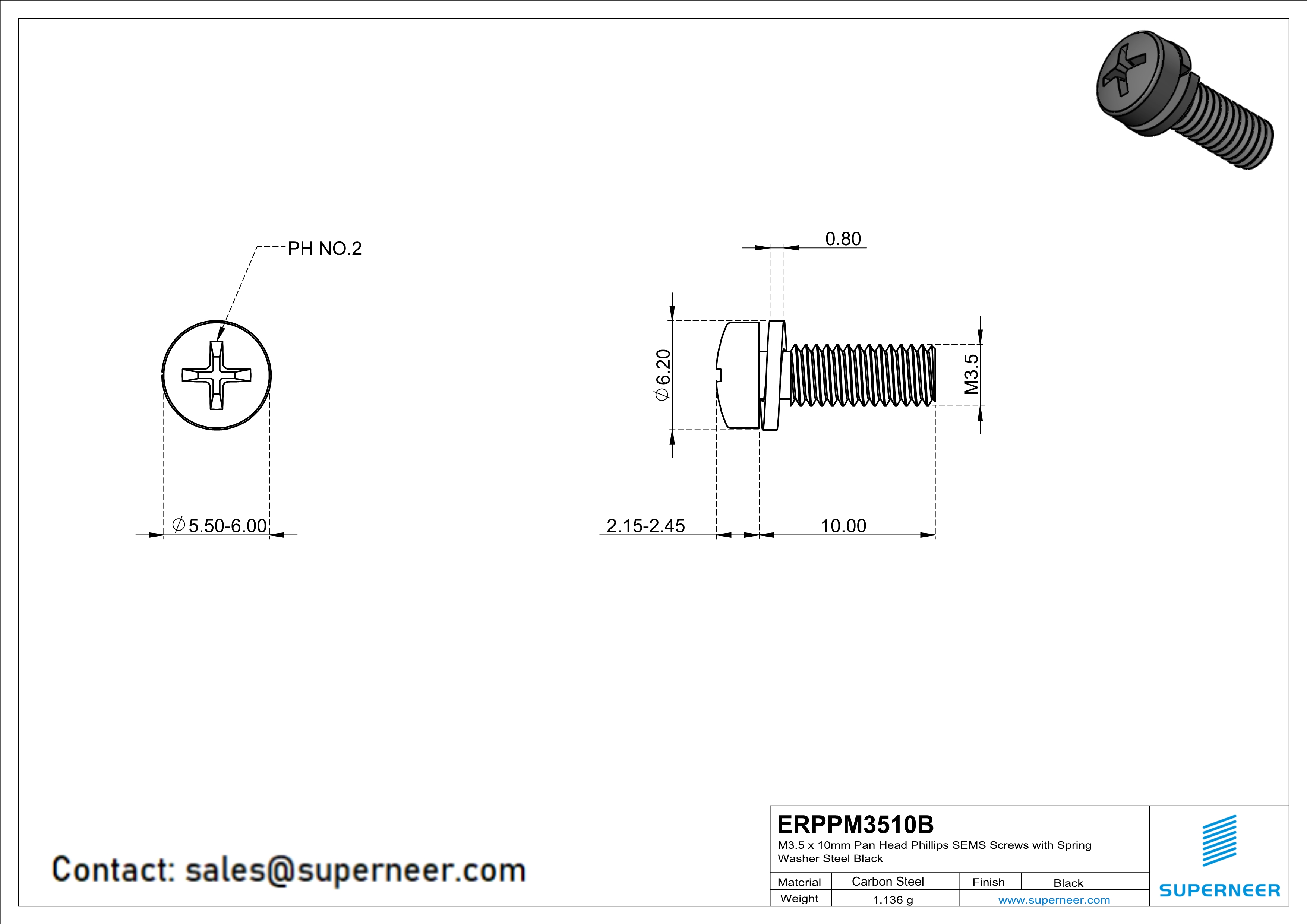 M3.5 x 10mm Pan Head Phillips SEMS Screws with Spring Washer Steel Black