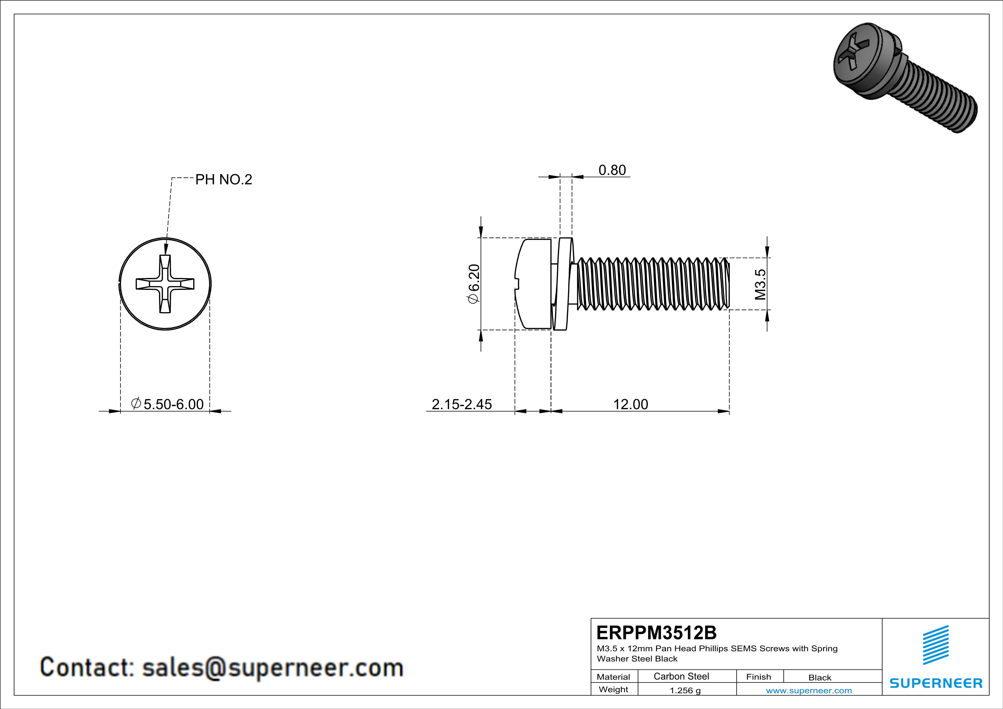 M3.5 x 12mm Pan Head Phillips SEMS Screws with Spring Washer Steel Black