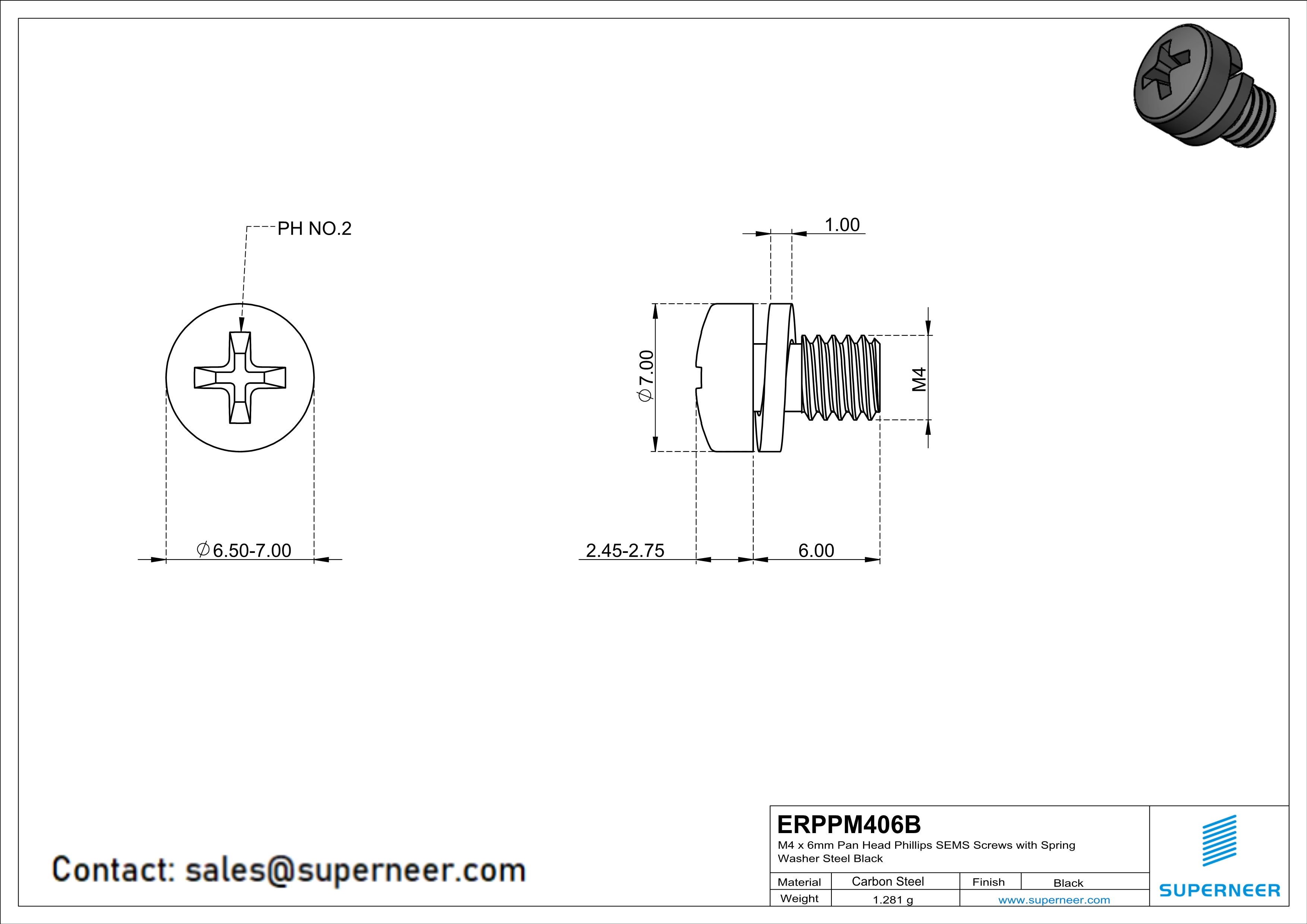 M4 x 6mm Pan Head Phillips SEMS Screws with Spring Washer Steel Black