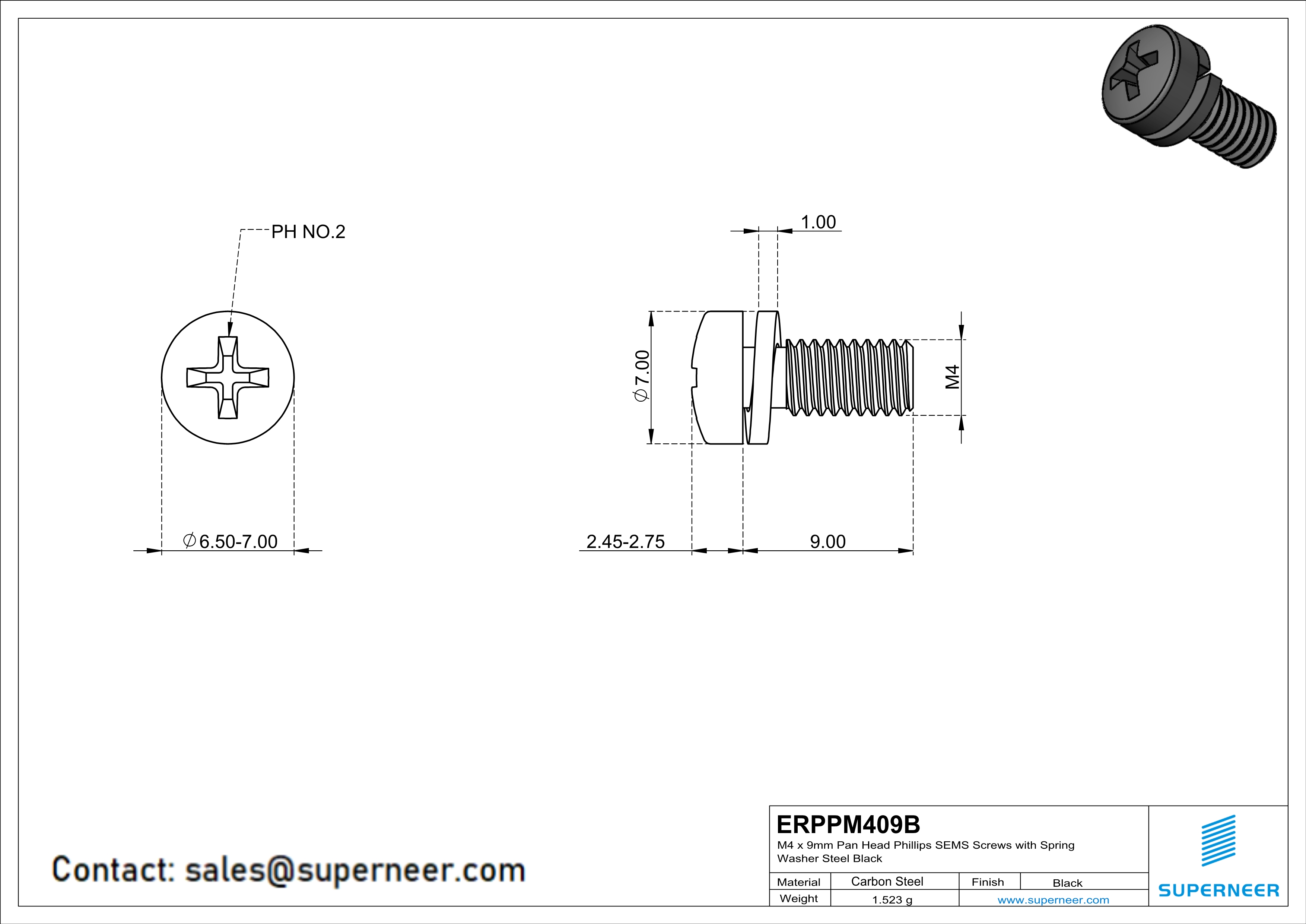 M4 x 9mm Pan Head Phillips SEMS Screws with Spring Washer Steel Black