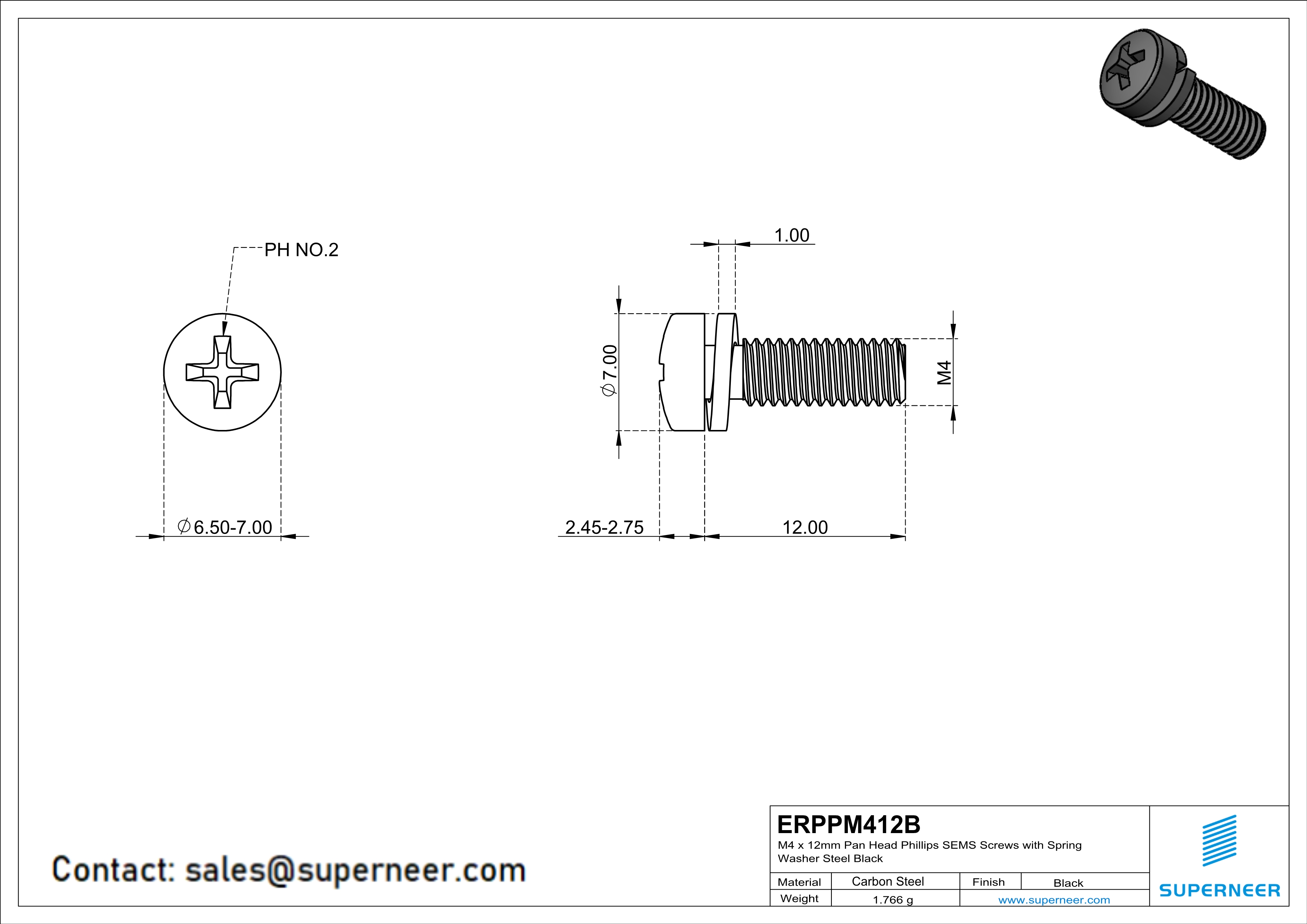 M4 x 12mm Pan Head Phillips SEMS Screws with Spring Washer Steel Black
