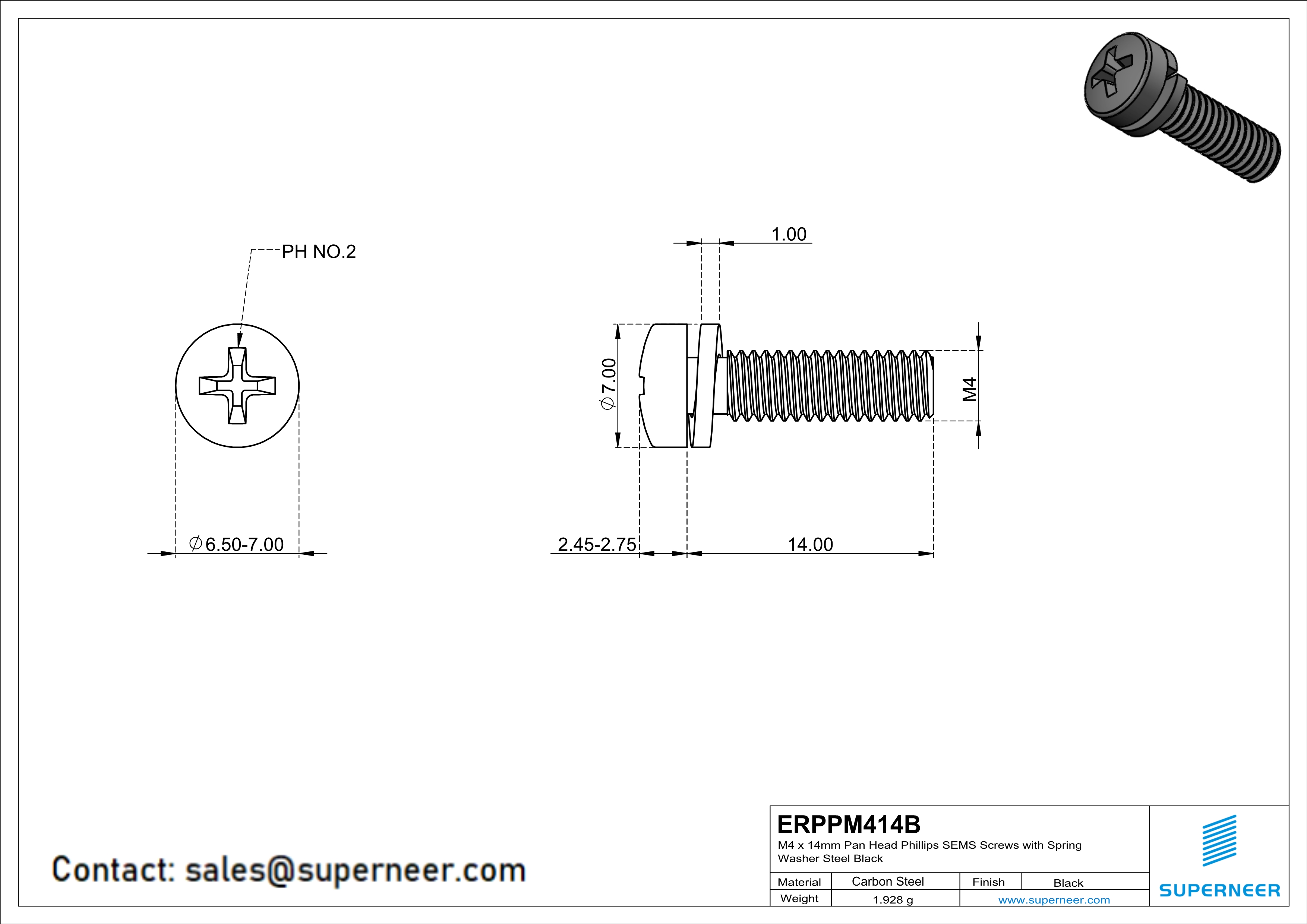 M4 x 14mm Pan Head Phillips SEMS Screws with Spring Washer Steel Black