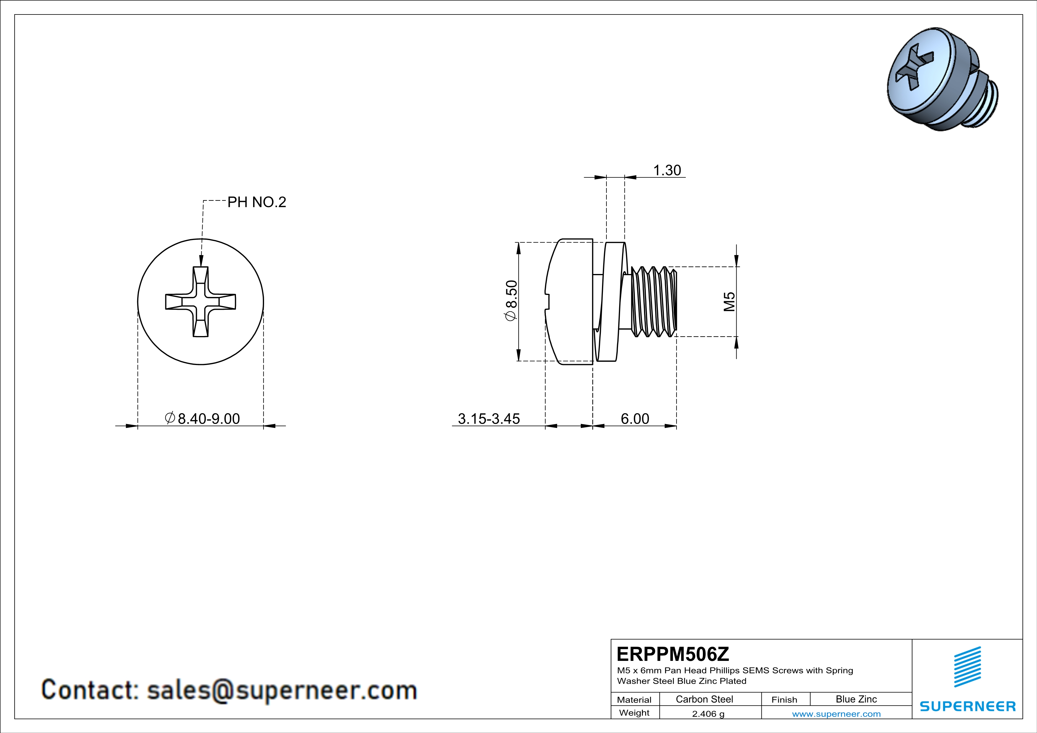 M5 x 6mm Pan Head Phillips SEMS Screws with Spring Washer Steel Blue Zinc Plated