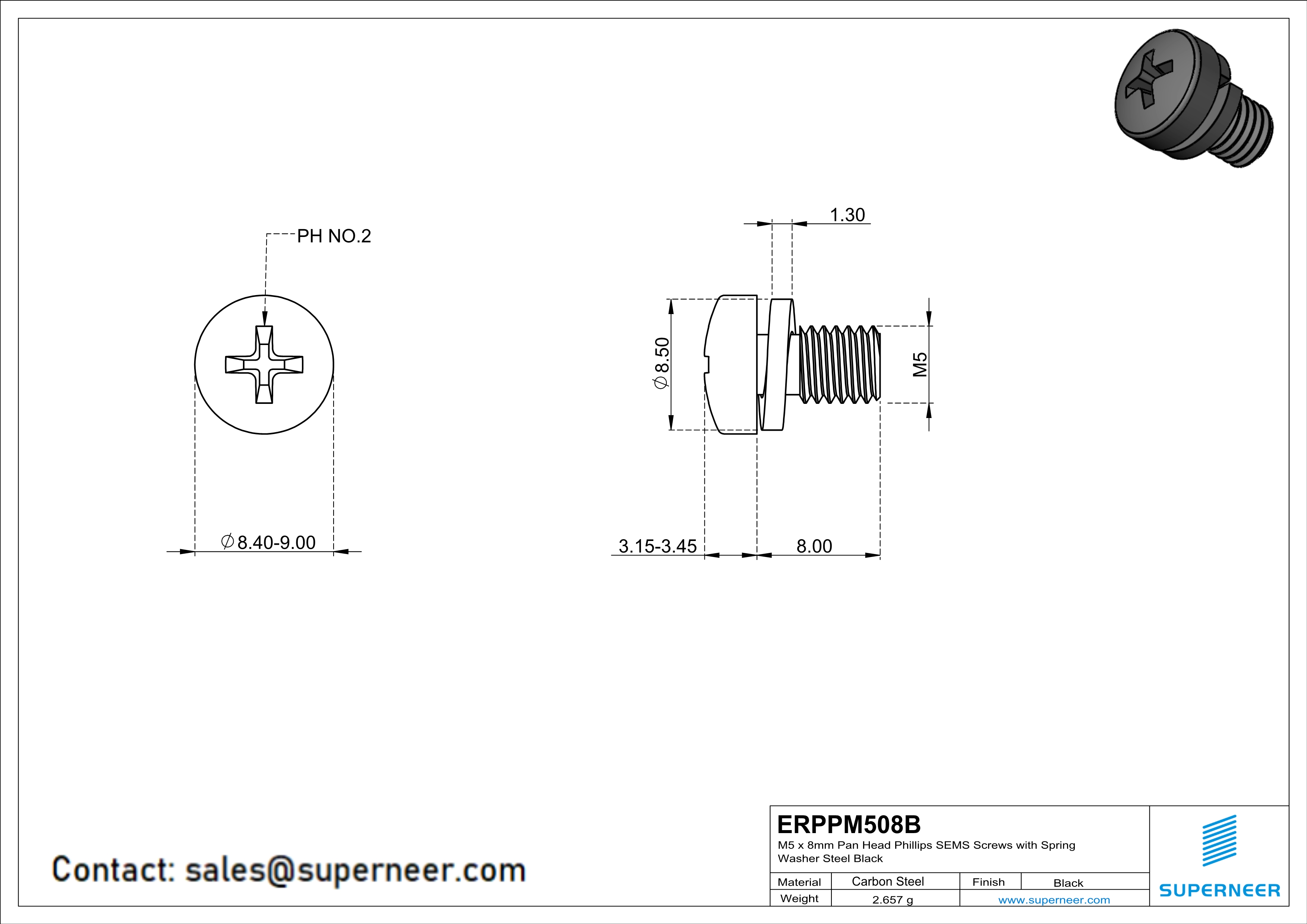 M5 x 8mm Pan Head Phillips SEMS Screws with Spring Washer Steel Black