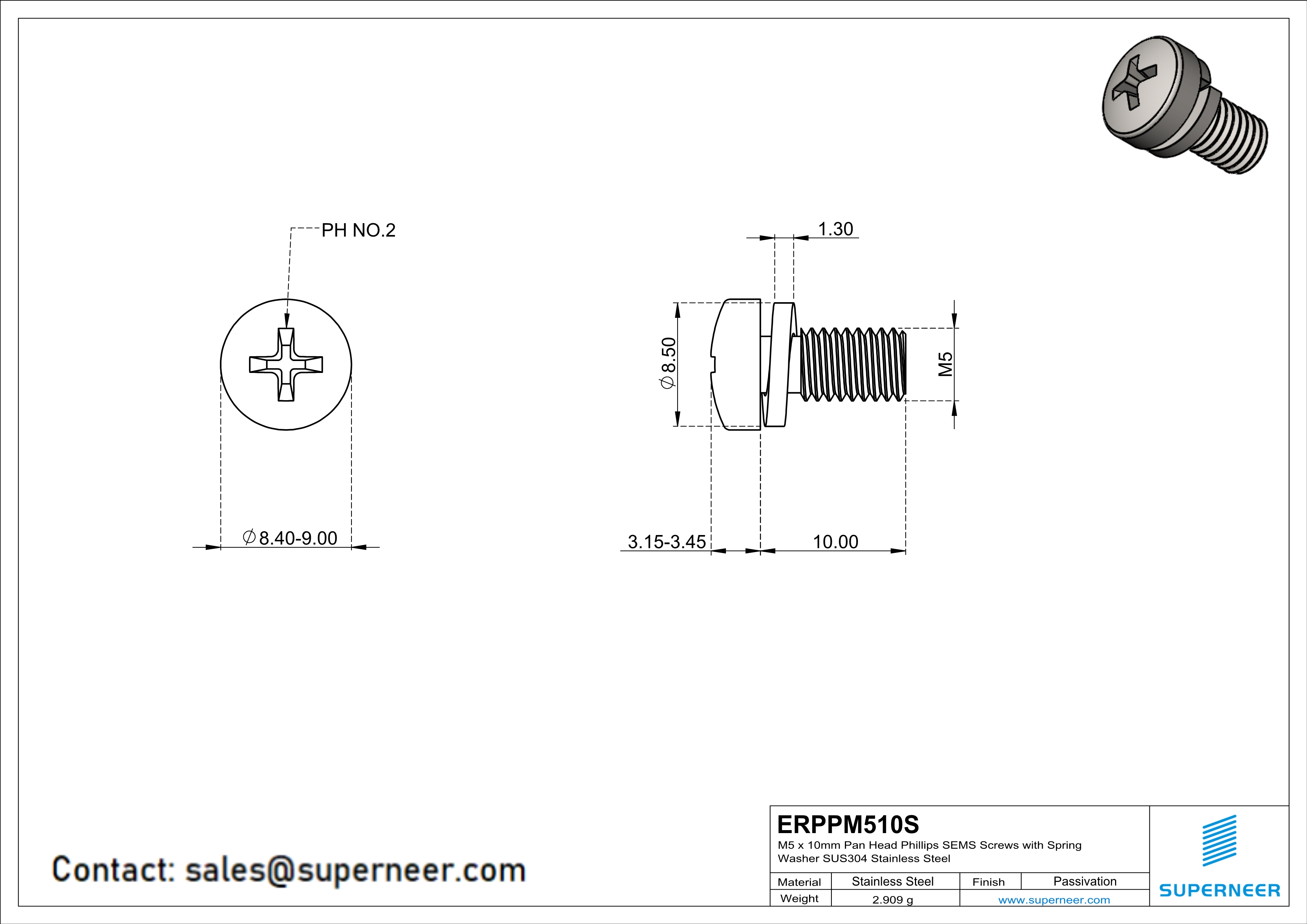 M5 x 10mm Pan Head Phillips SEMS Screws with Spring Washer SUS304 Stainless Steel Inox