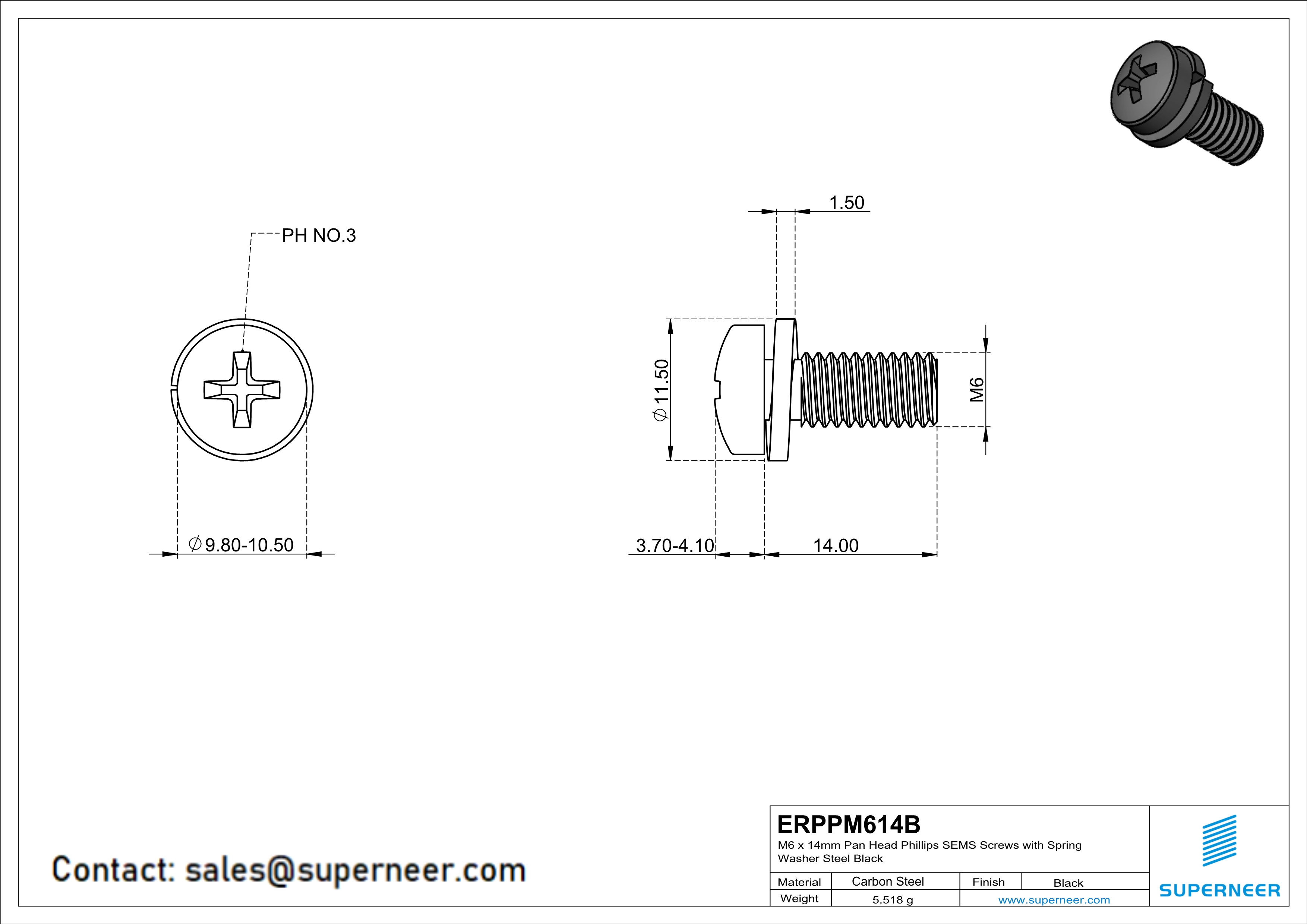 M6 x 14mm Pan Head Phillips SEMS Screws with Spring Washer Steel Black