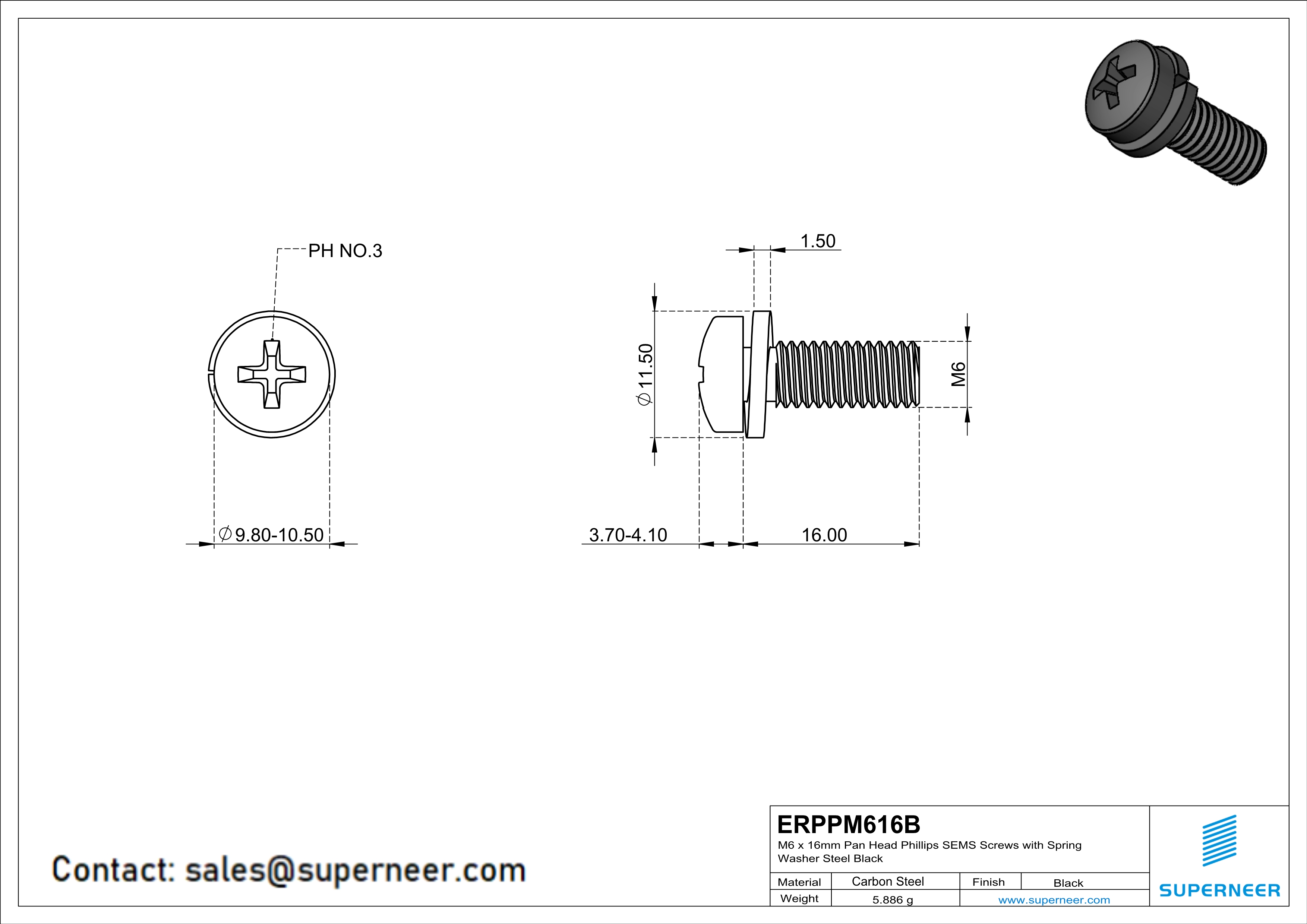 M6 x 16mm Pan Head Phillips SEMS Screws with Spring Washer Steel Black