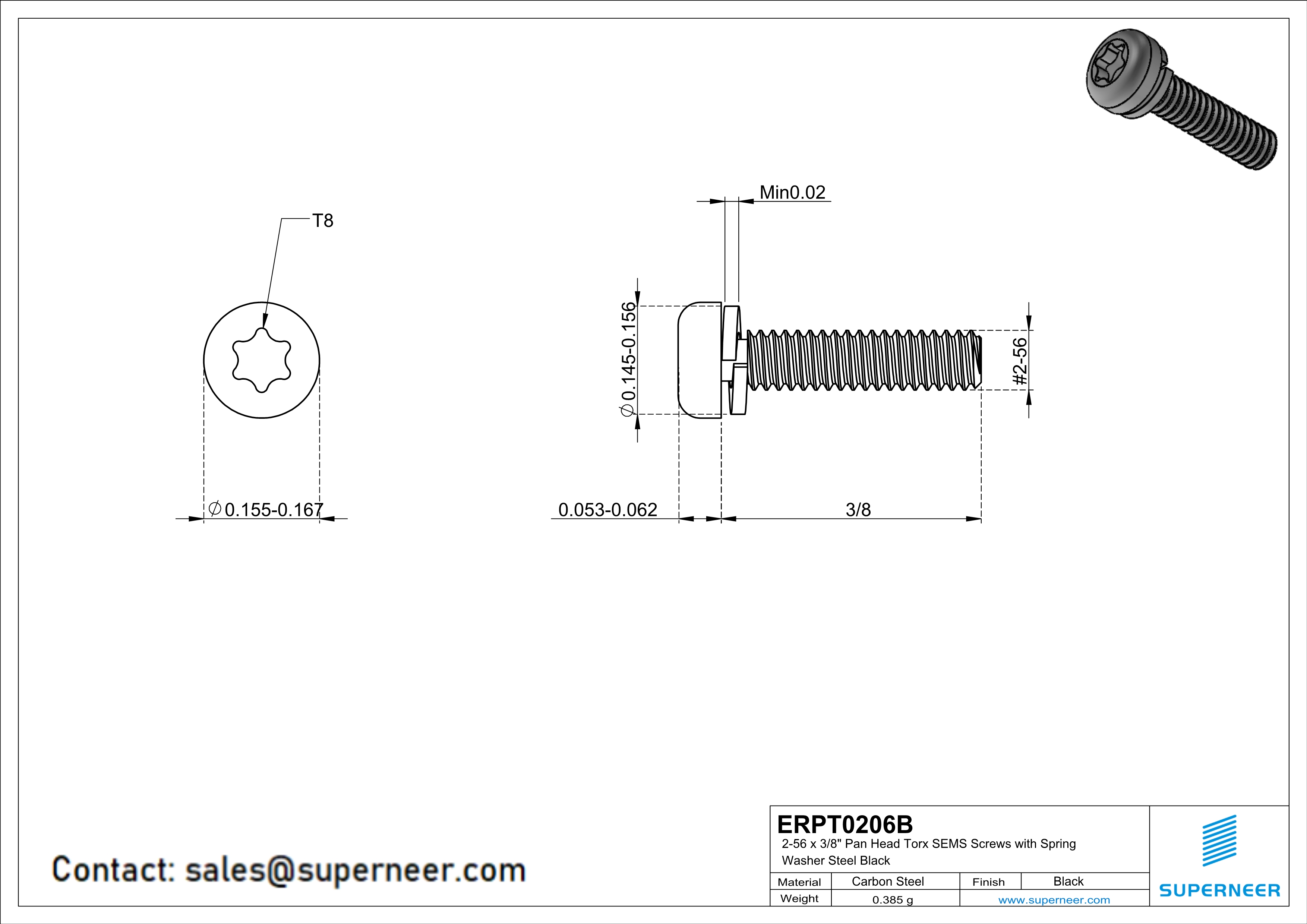 2-56 x 3/8" Pan Head Torx SEMS Screws with Spring Washer Steel Black