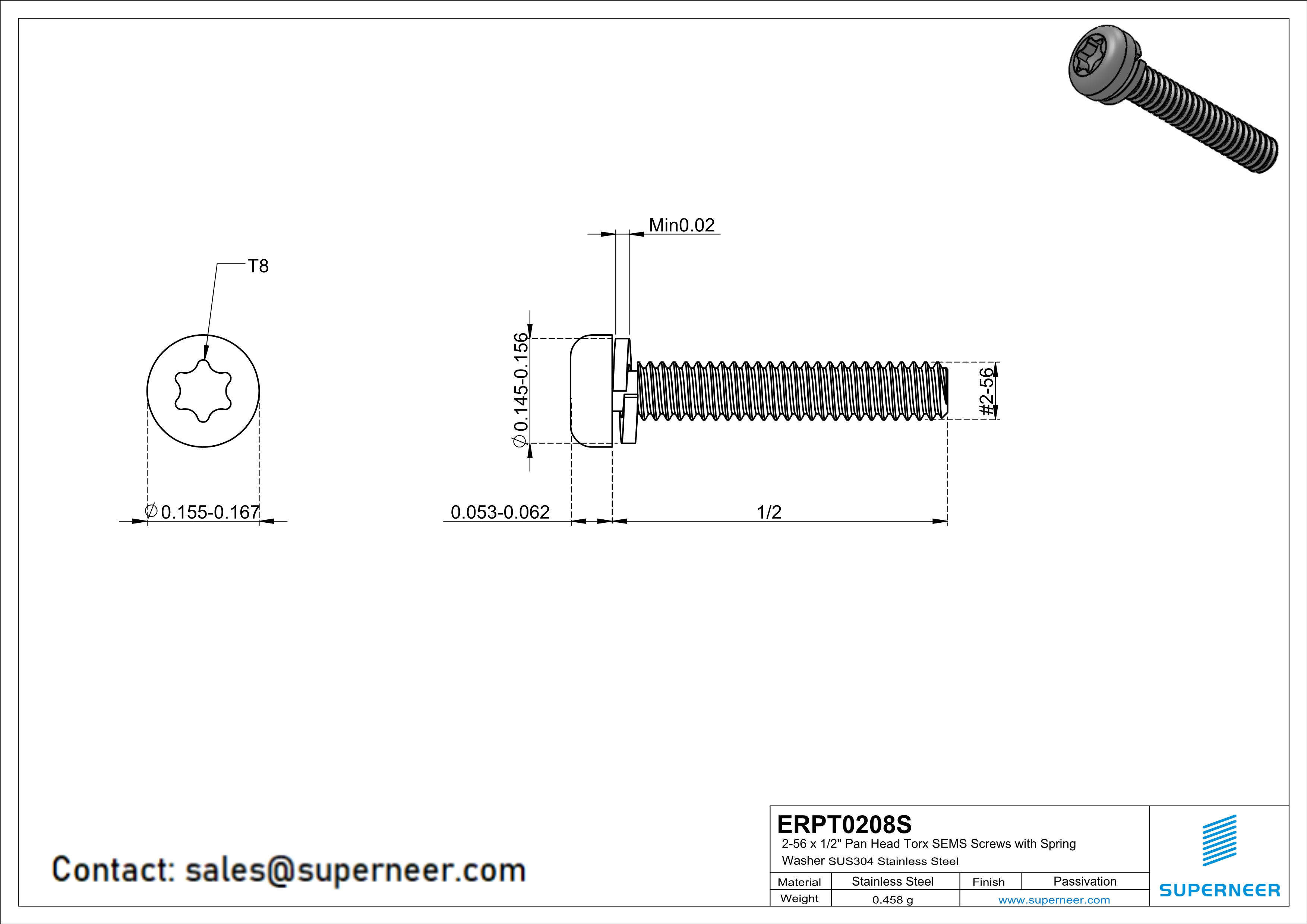 2-56 x 1/2" Pan Head Torx SEMS Screws with Spring Washer SUS304 Stainless Steel Inox