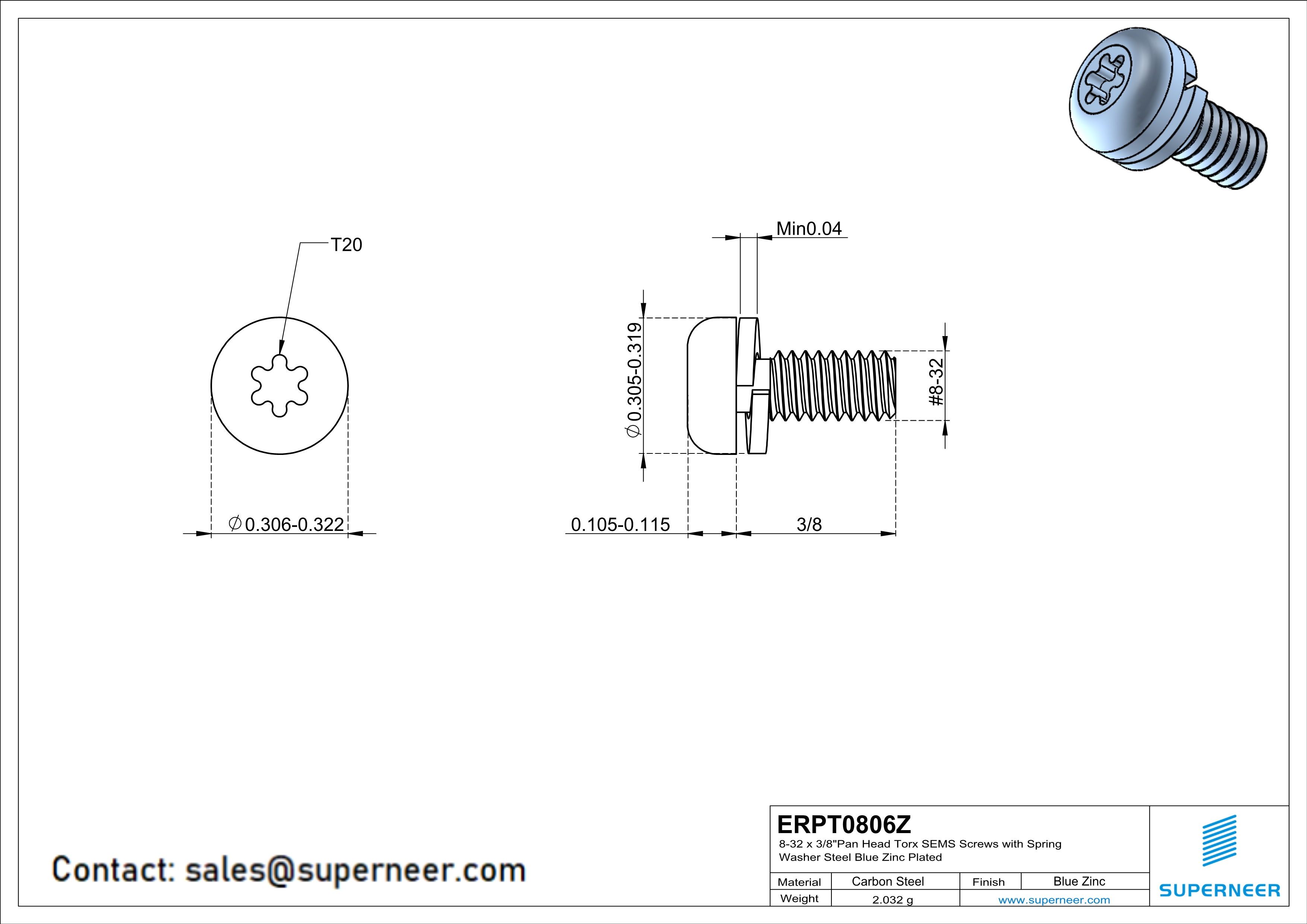 8-32 x 3/8" Pan Head Torx SEMS Screws with Spring Washer Steel Blue Zinc Plated