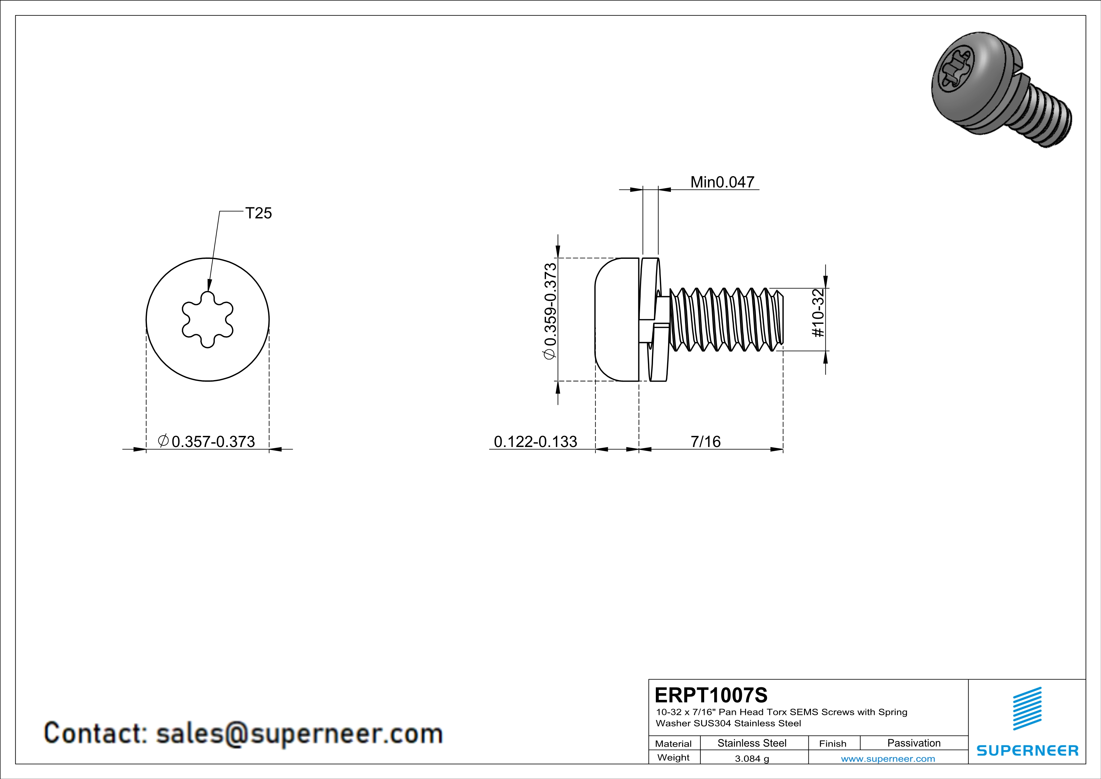 10-32 x 7/16" Pan Head Torx SEMS Screws with Spring Washer SUS304 Stainless Steel Inox