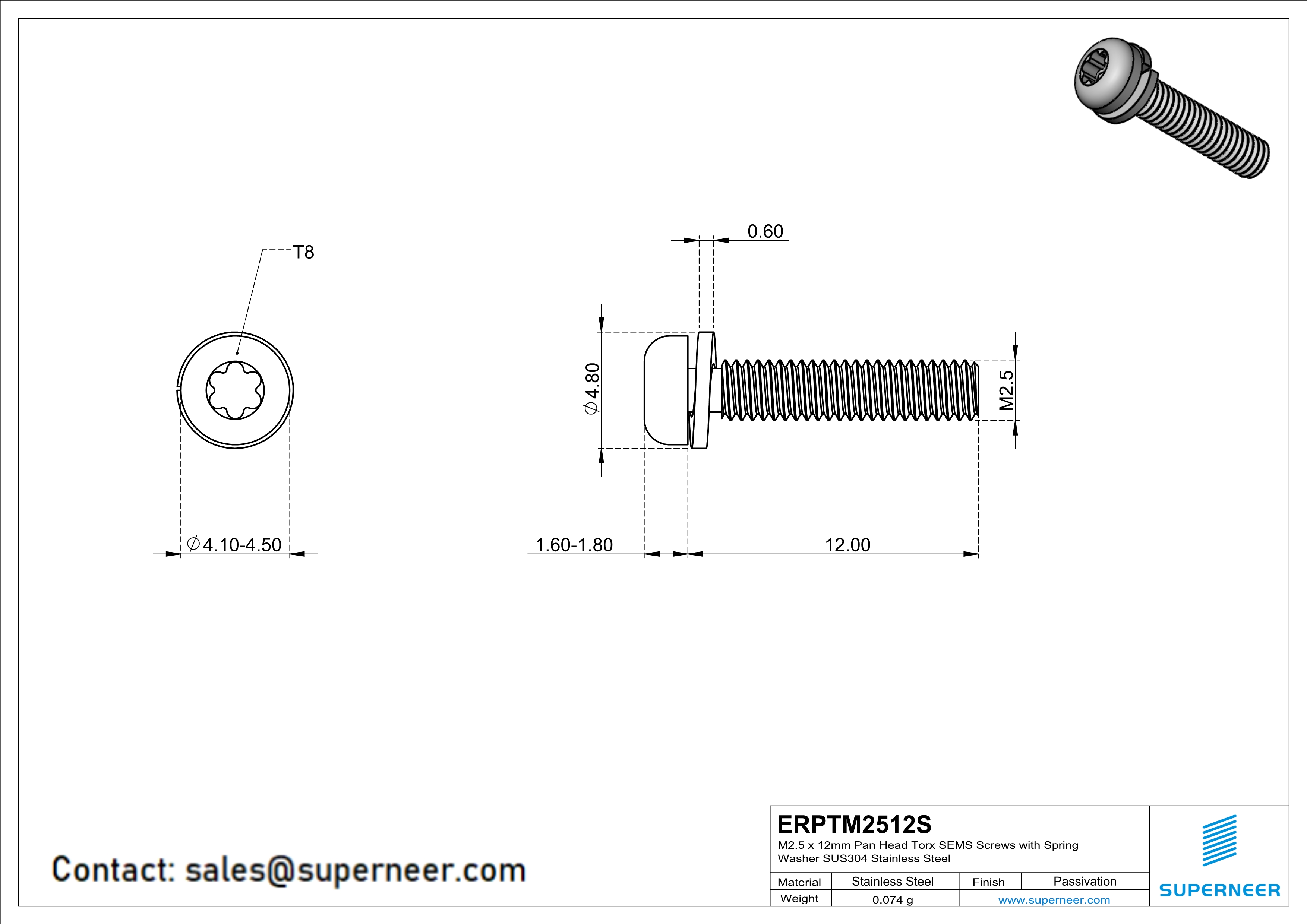 M2.5 x 12mm Pan Head Torx SEMS Screws with Spring Washer SUS304 Stainless Steel Inox