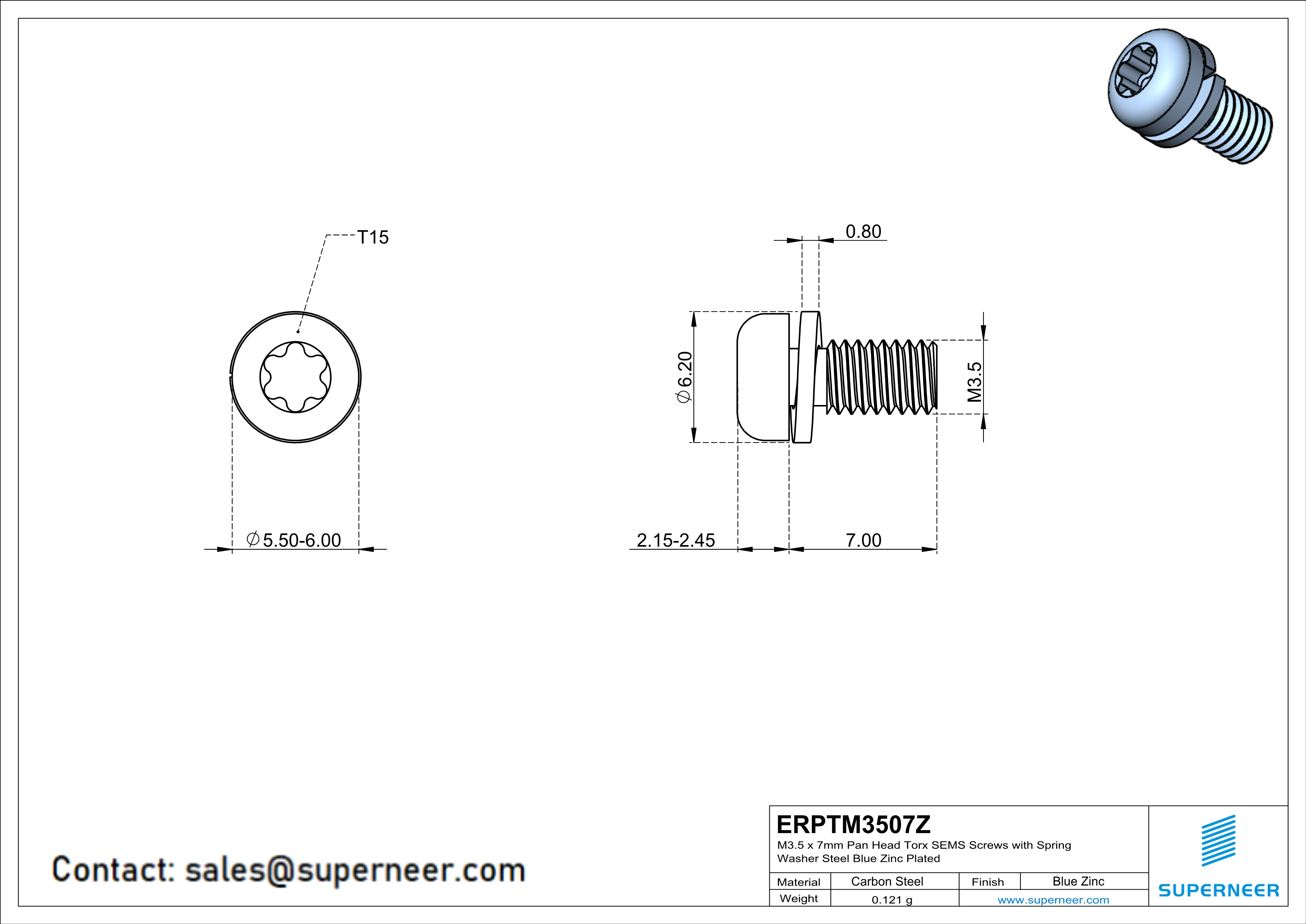 M3.5 x 7mm Pan Head Torx SEMS Screws with Spring Washer Steel Blue Zinc Plated