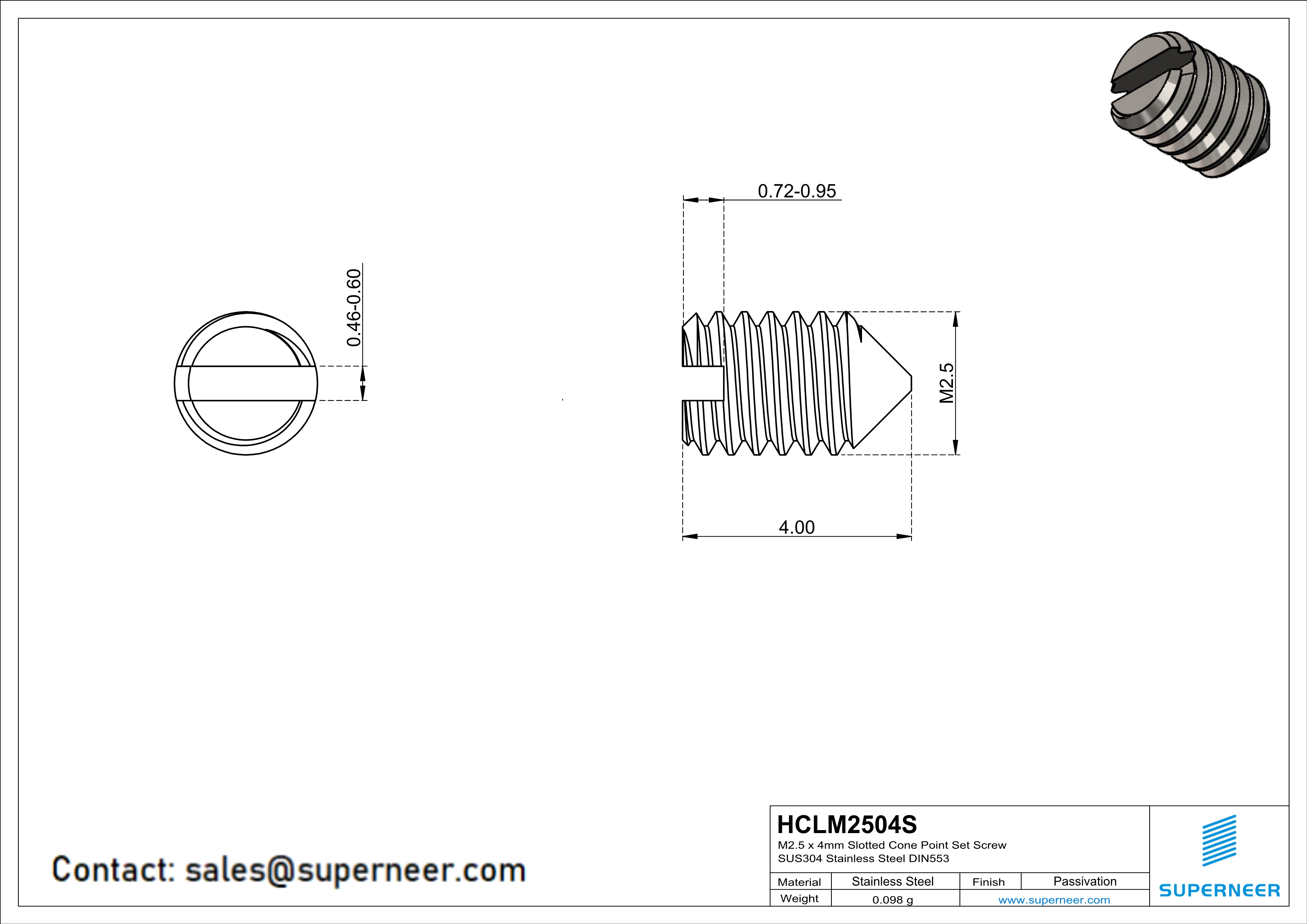 M2.5 x 4mm Slotted Cone Point Set Screw SUS304 Stainless Steel Inox DIN553