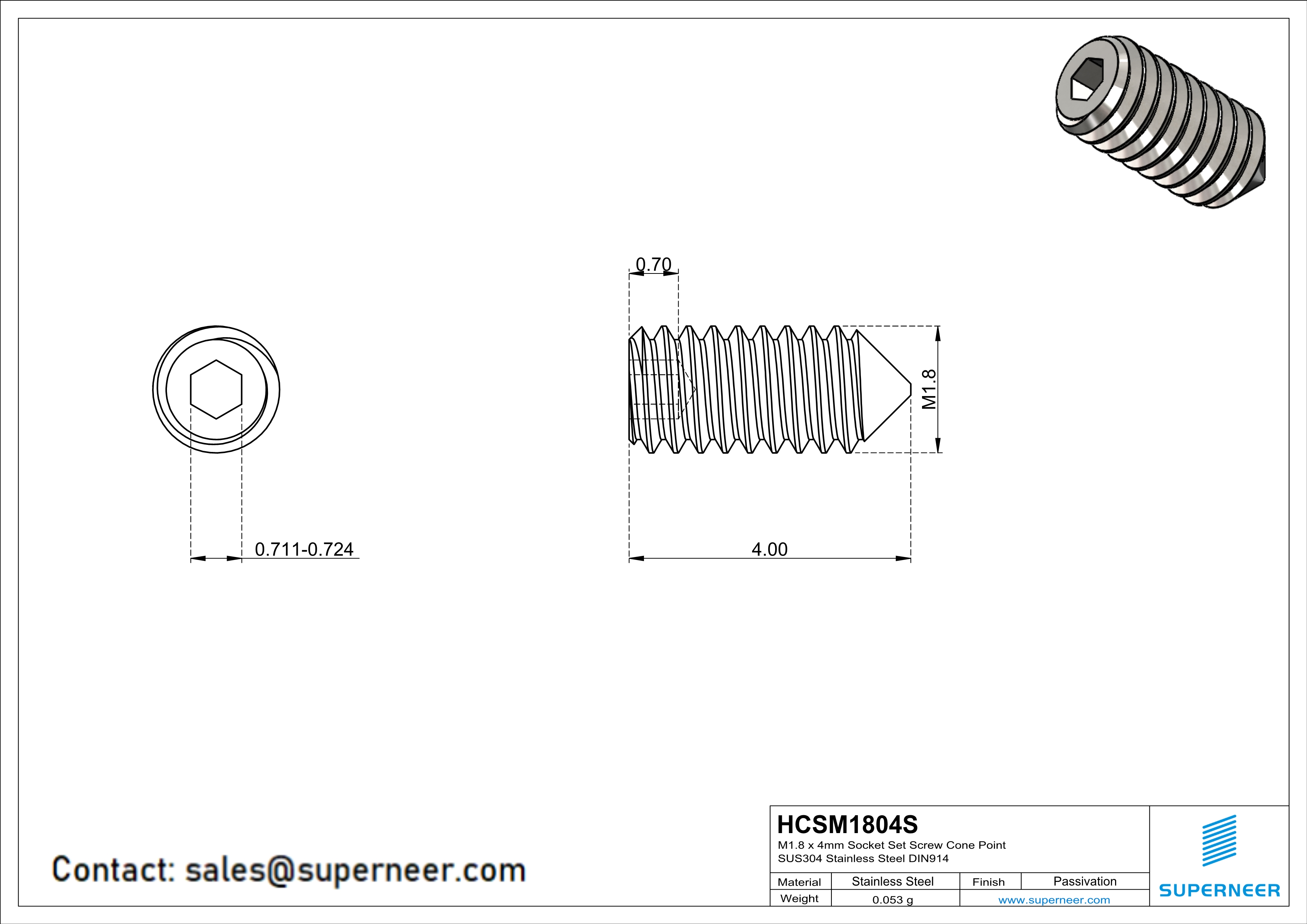 M1.8 x 4mm Socket Set Screw Cone Point SUS304 Stainless Steel Inox DIN914