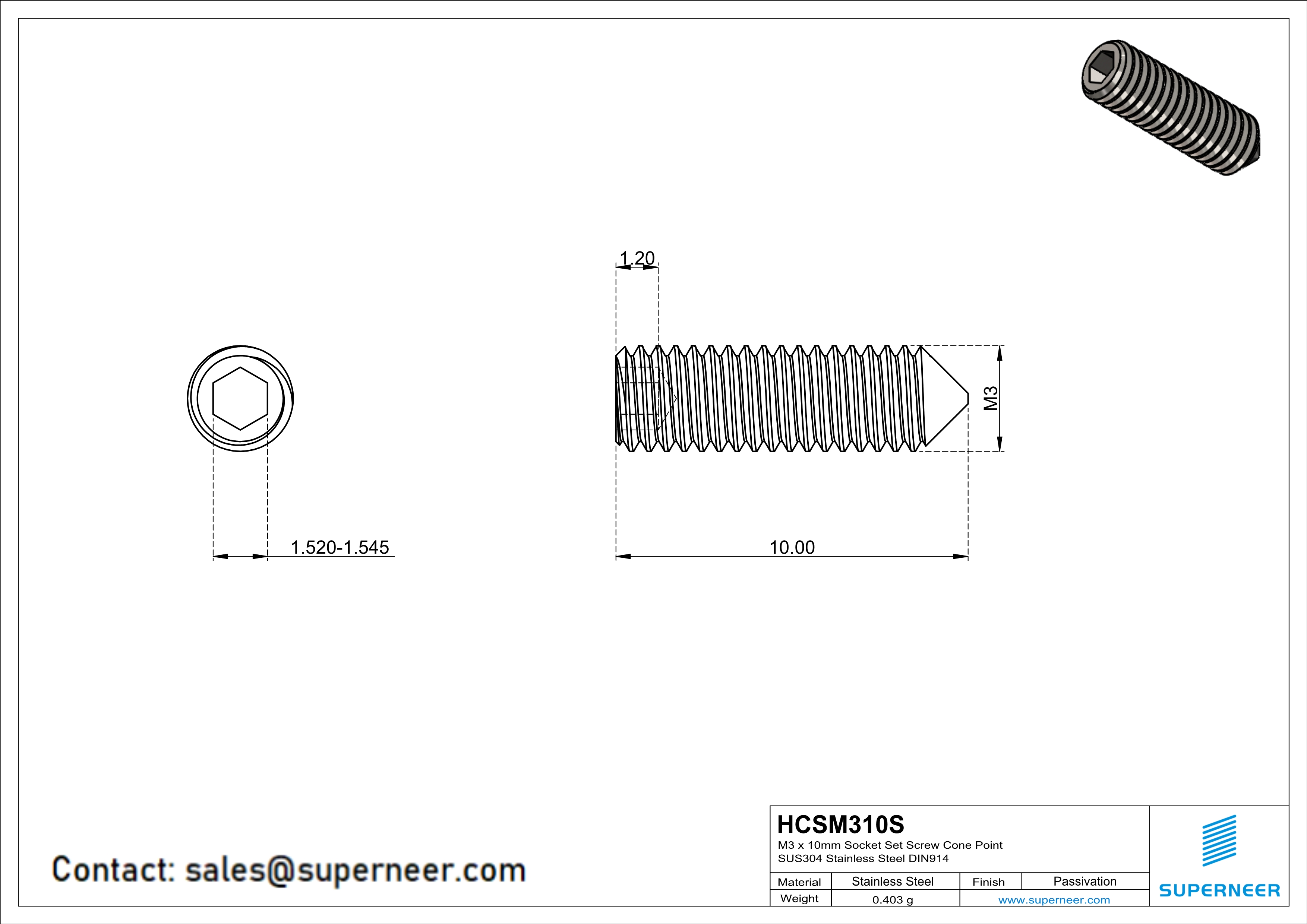 M3 x 10mm Socket Set Screw Cone Point SUS304 Stainless Steel Inox DIN914