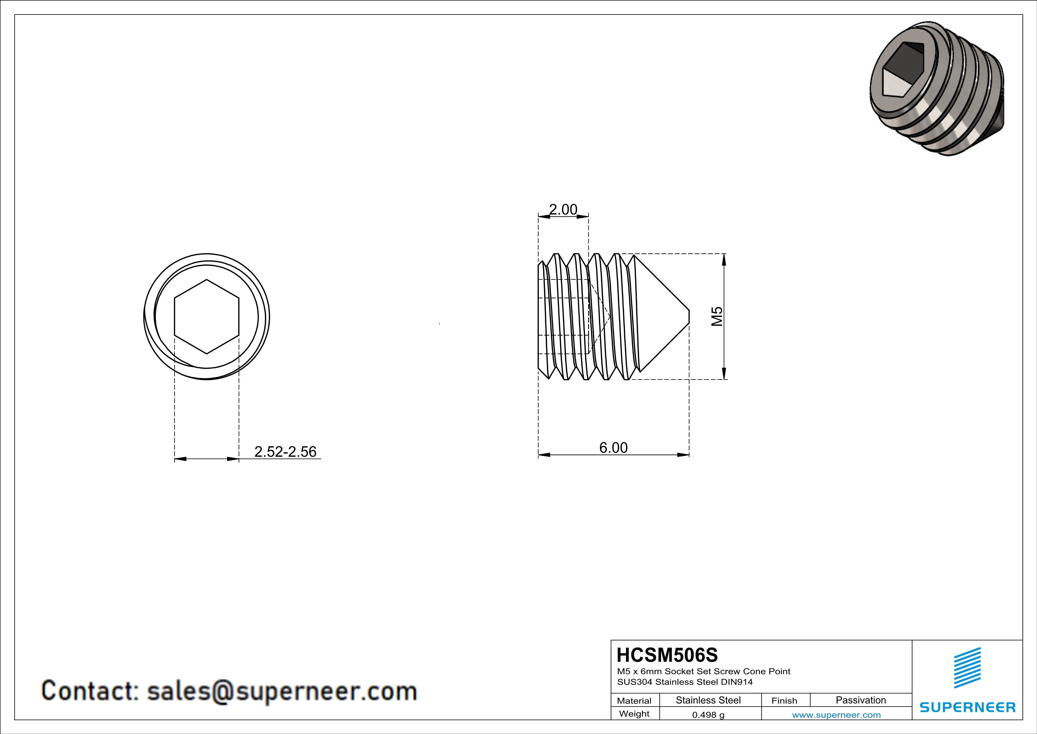 M5 x 6mm Socket Set Screw Cone Point SUS304 Stainless Steel Inox DIN914