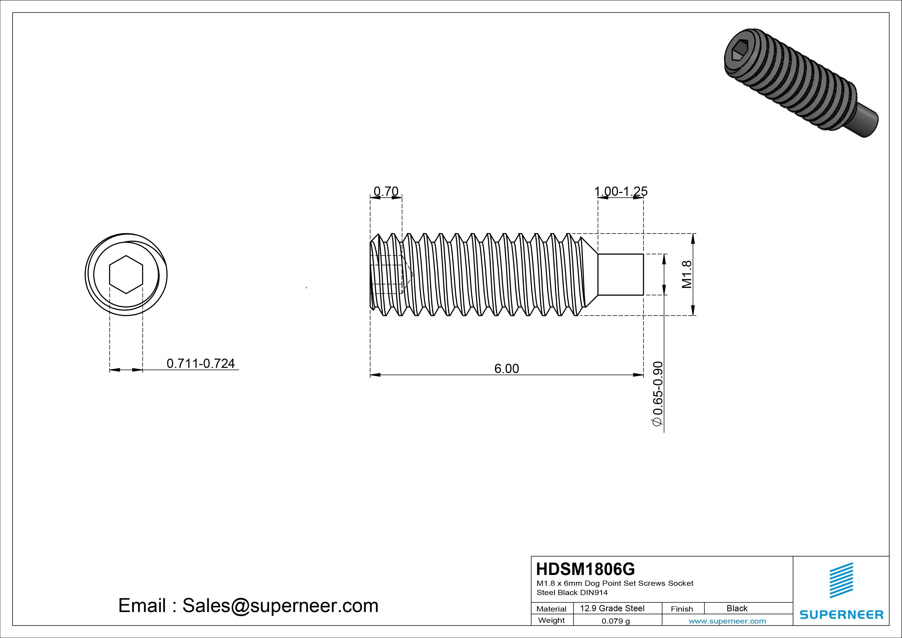 M1.8 x 6mm Dog Point Set Screws Socket 12.9 Carbon Steel Black DIN915