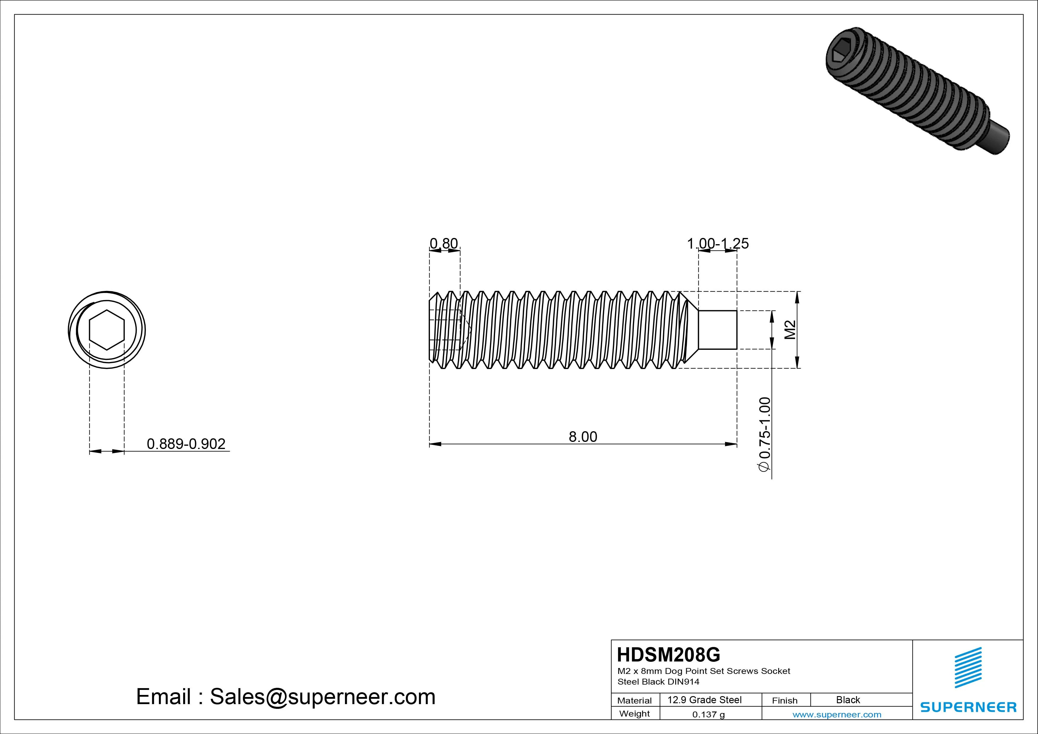 M2 x 8mm Dog Point Set Screws Socket 12.9 Carbon Steel Black DIN915