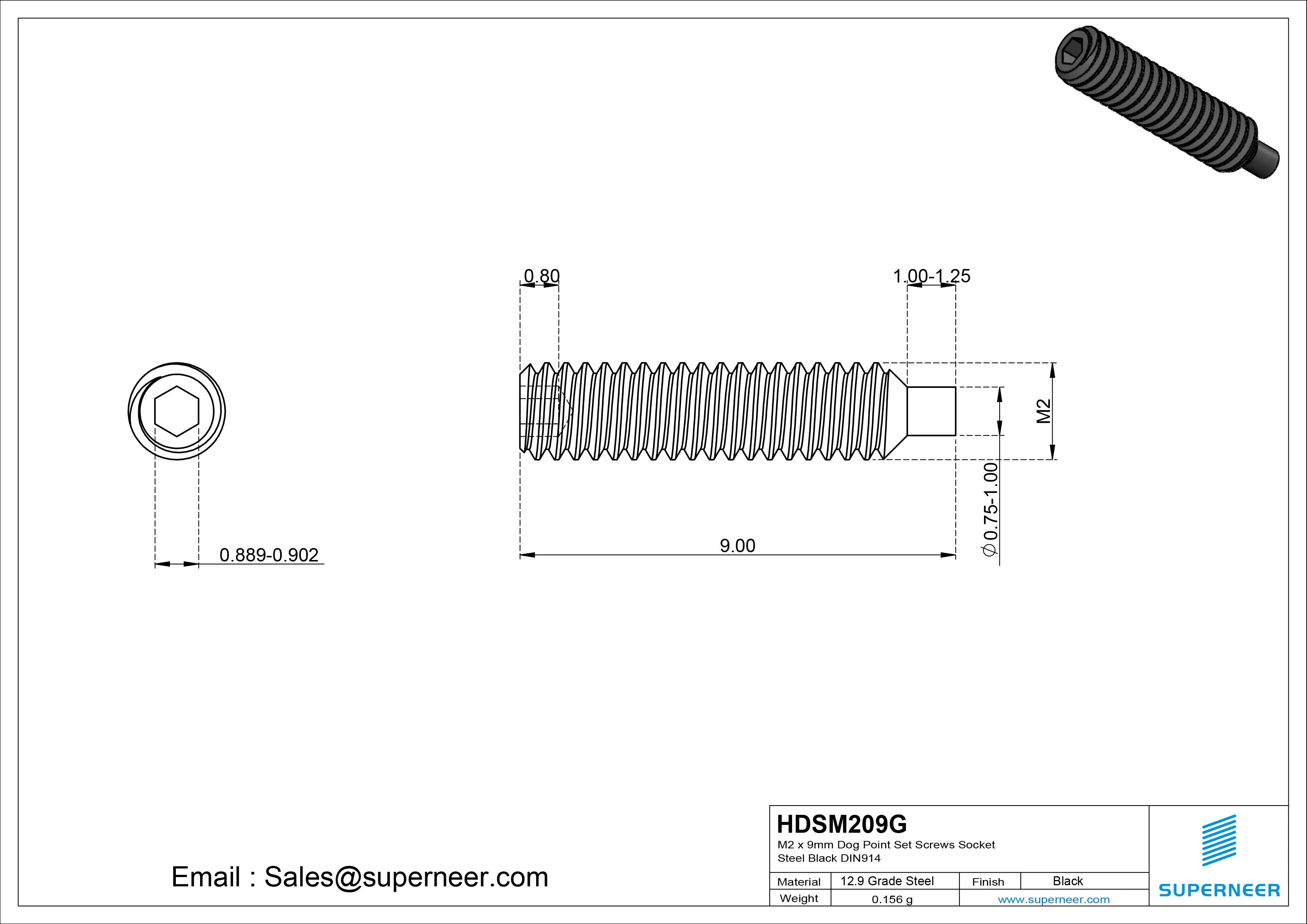 M2 x 9mm Dog Point Set Screws Socket 12.9 Carbon Steel Black DIN915