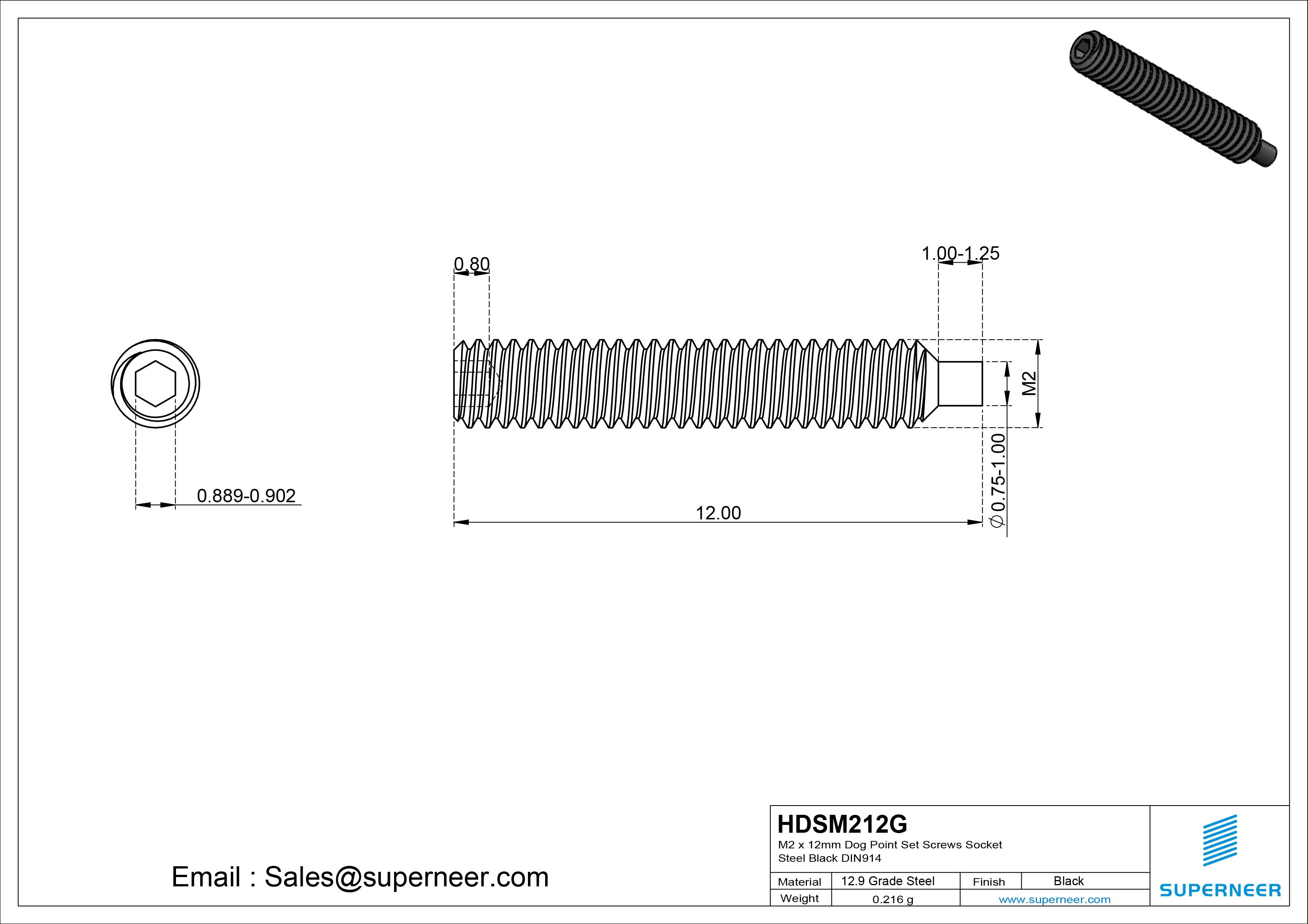 M2 x 12mm Dog Point Set Screws Socket 12.9 Carbon Steel Black DIN915