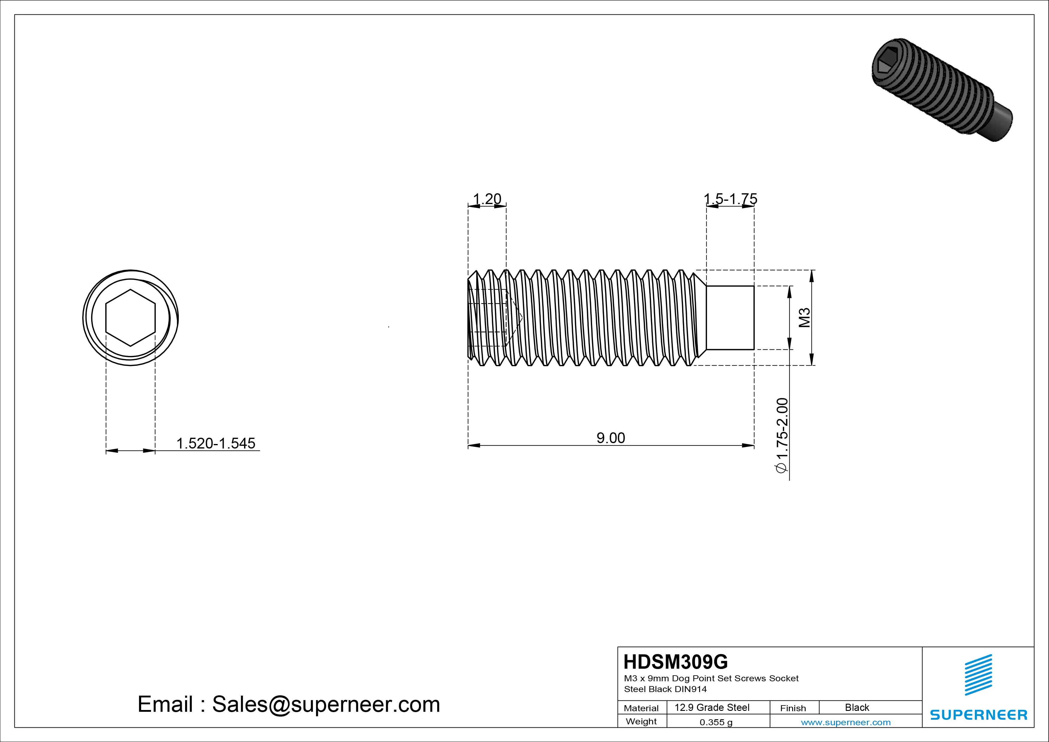 M3 x 9mm Dog Point Set Screws Socket 12.9 Carbon Steel Black DIN915