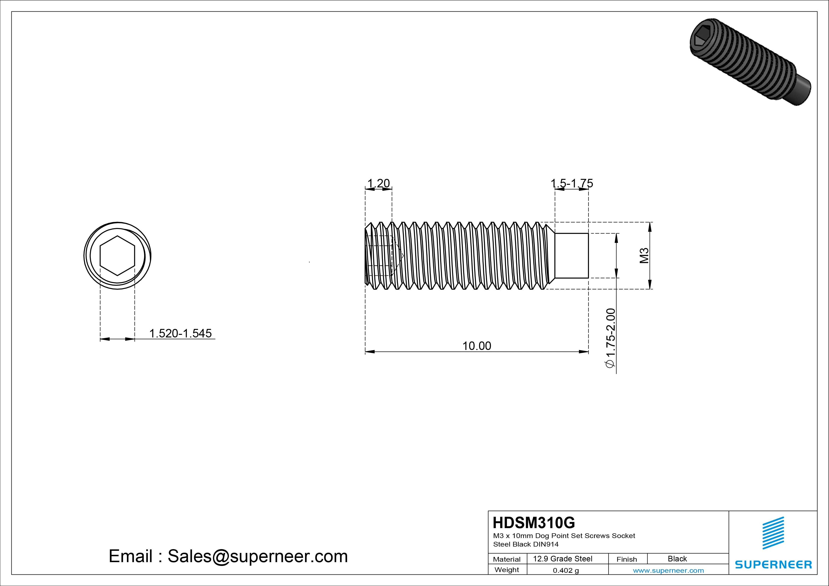M3 x 10mm Dog Point Set Screws Socket 12.9 Carbon Steel Black DIN915