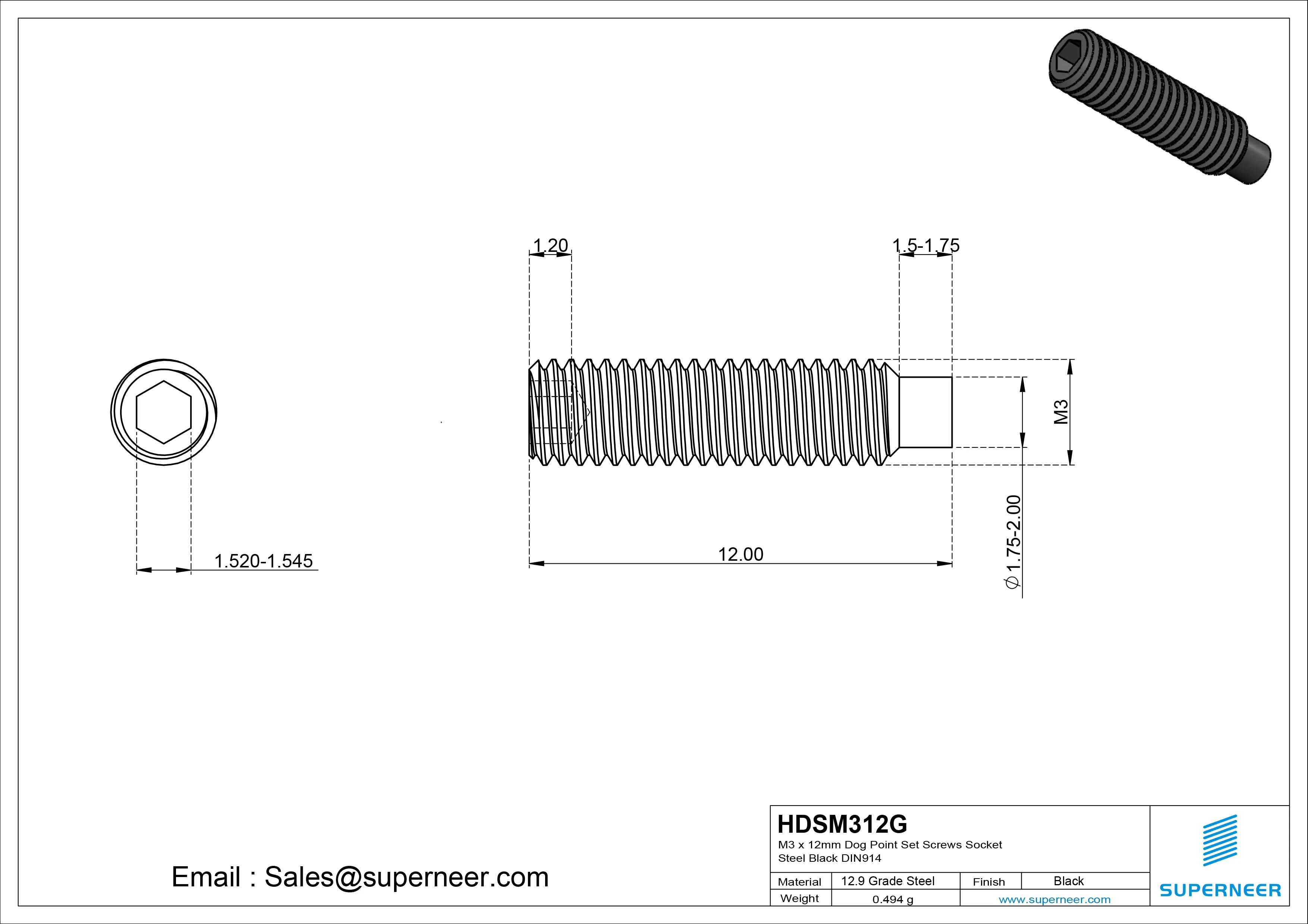 M3 x 12mm Dog Point Set Screws Socket 12.9 Carbon Steel Black DIN915