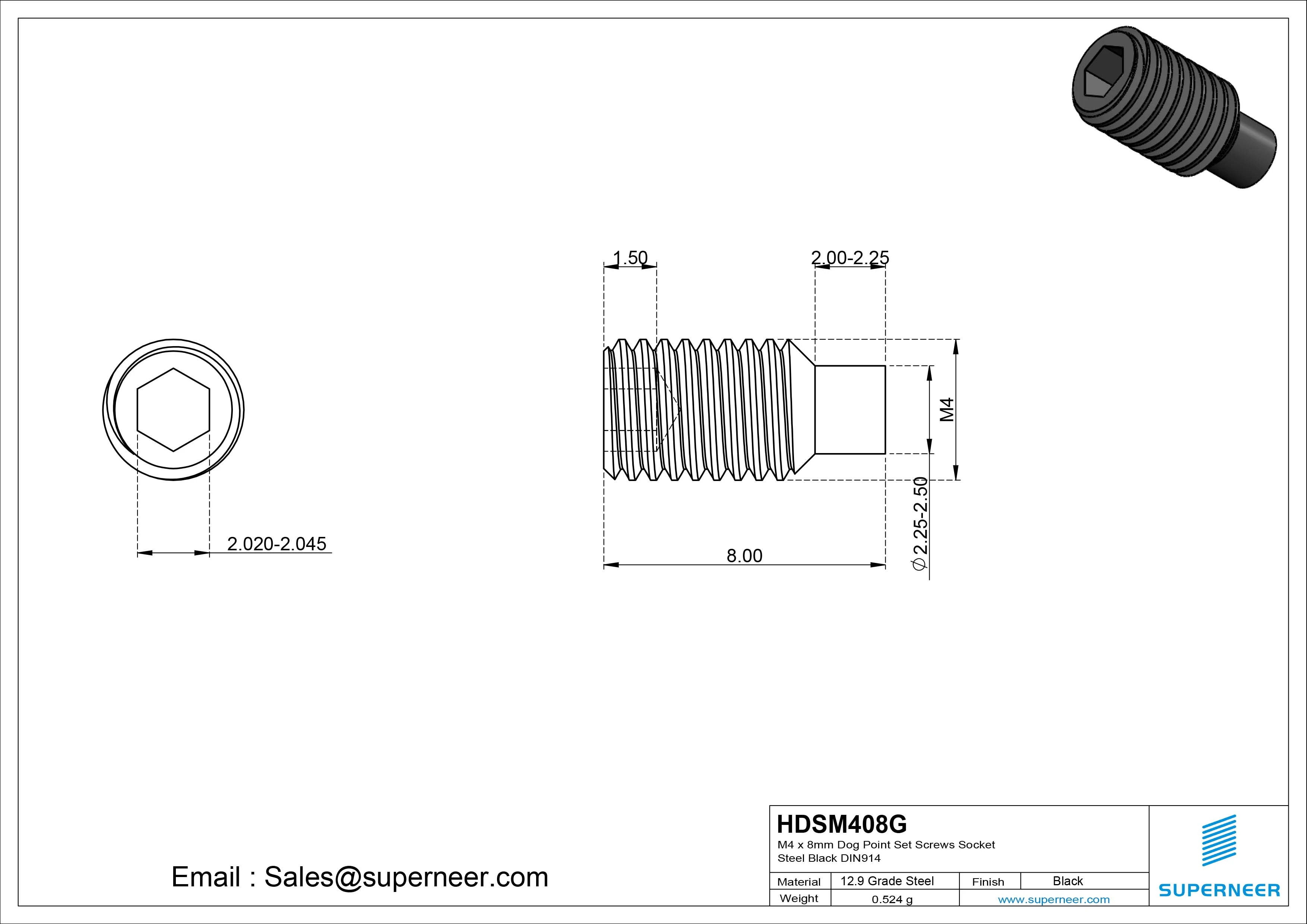 M4 x 8mm Dog Point Set Screws Socket 12.9 Carbon Steel Black DIN915