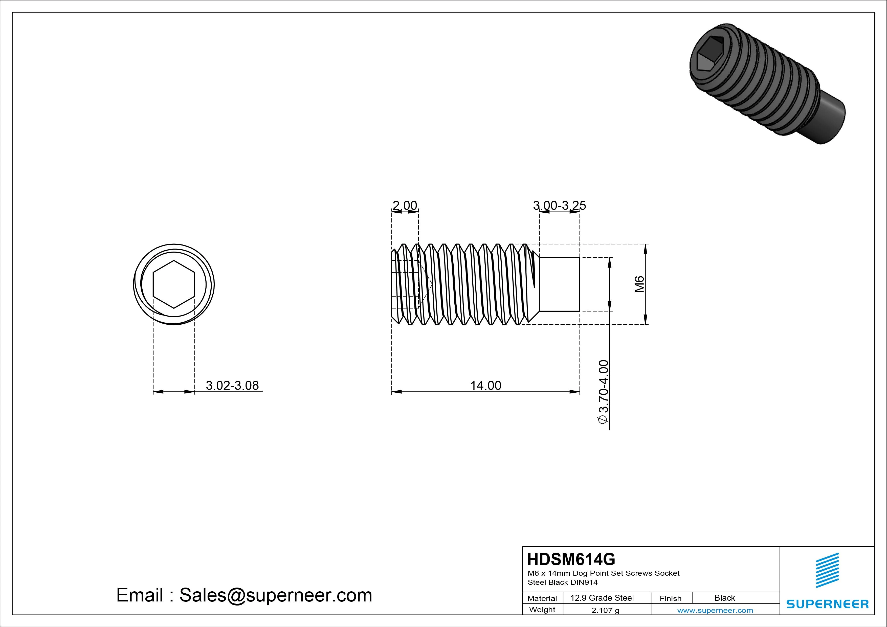 M6 x 14mm Dog Point Set Screws Socket 12.9 Carbon Steel Black DIN915