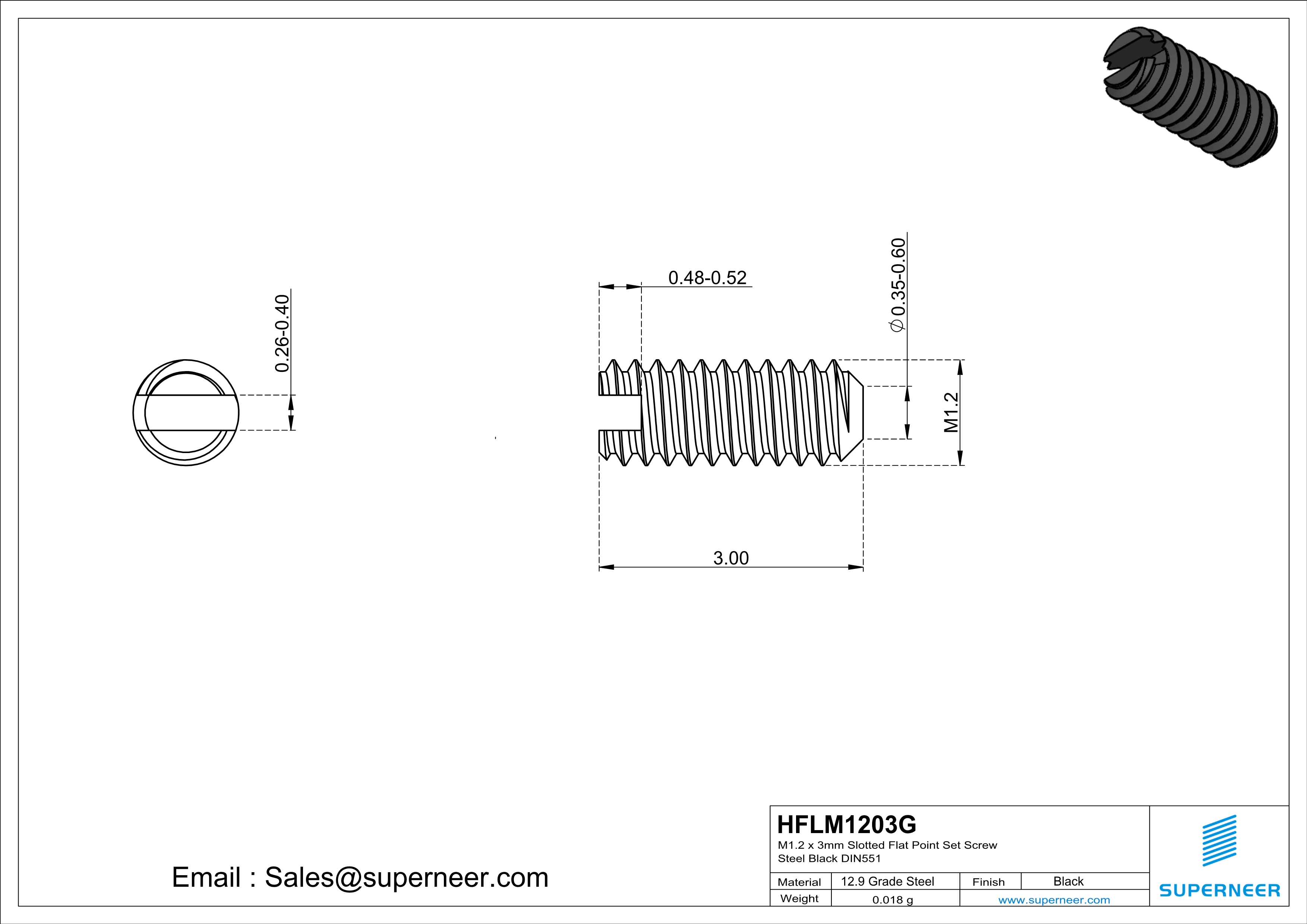 M1.2 x 3mm Slotted Flat Point Set Screw 12.9 Carbon Steel Black 