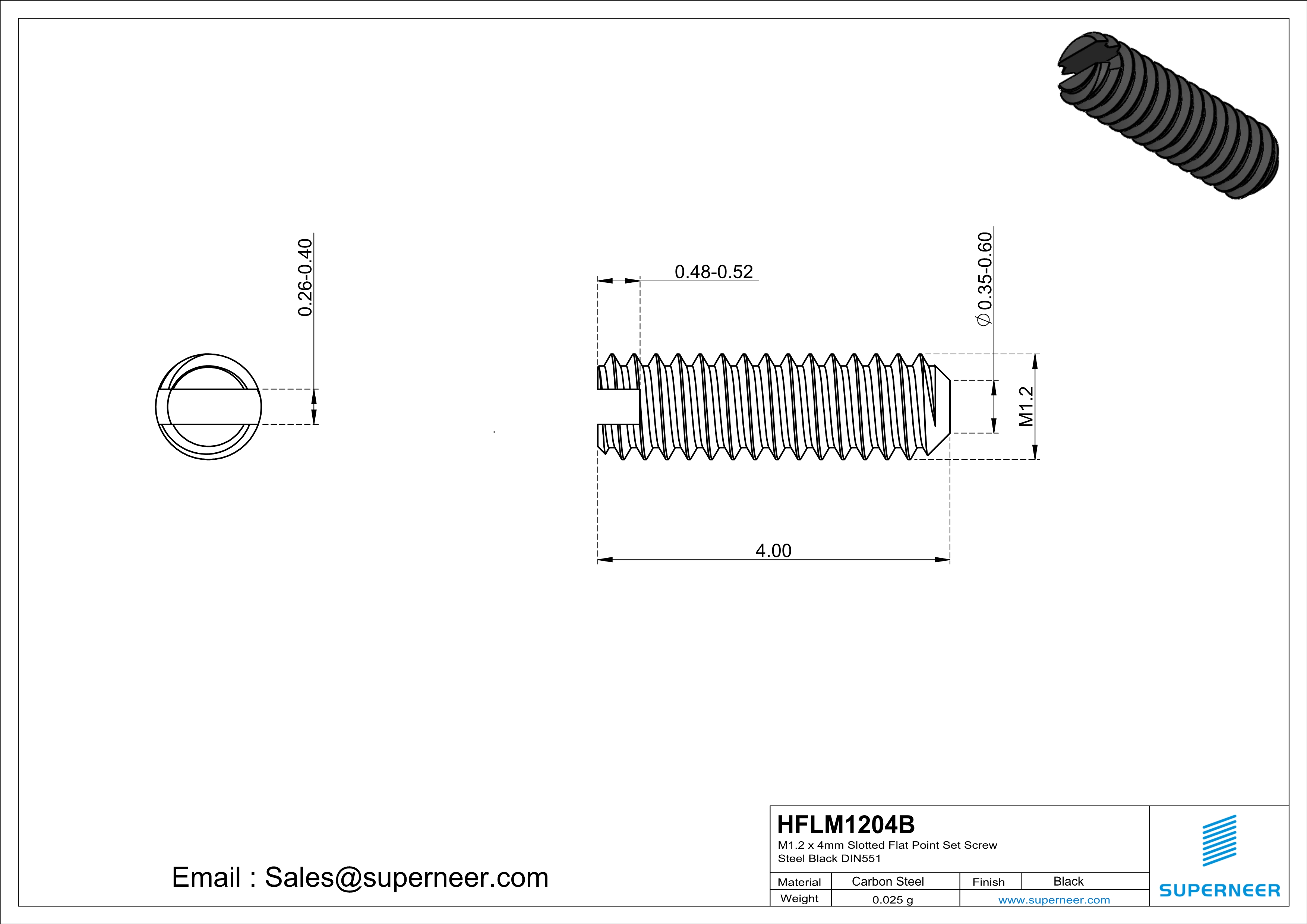 M1.2 x 4mm Slotted Flat Point Set Screw Steel Black 