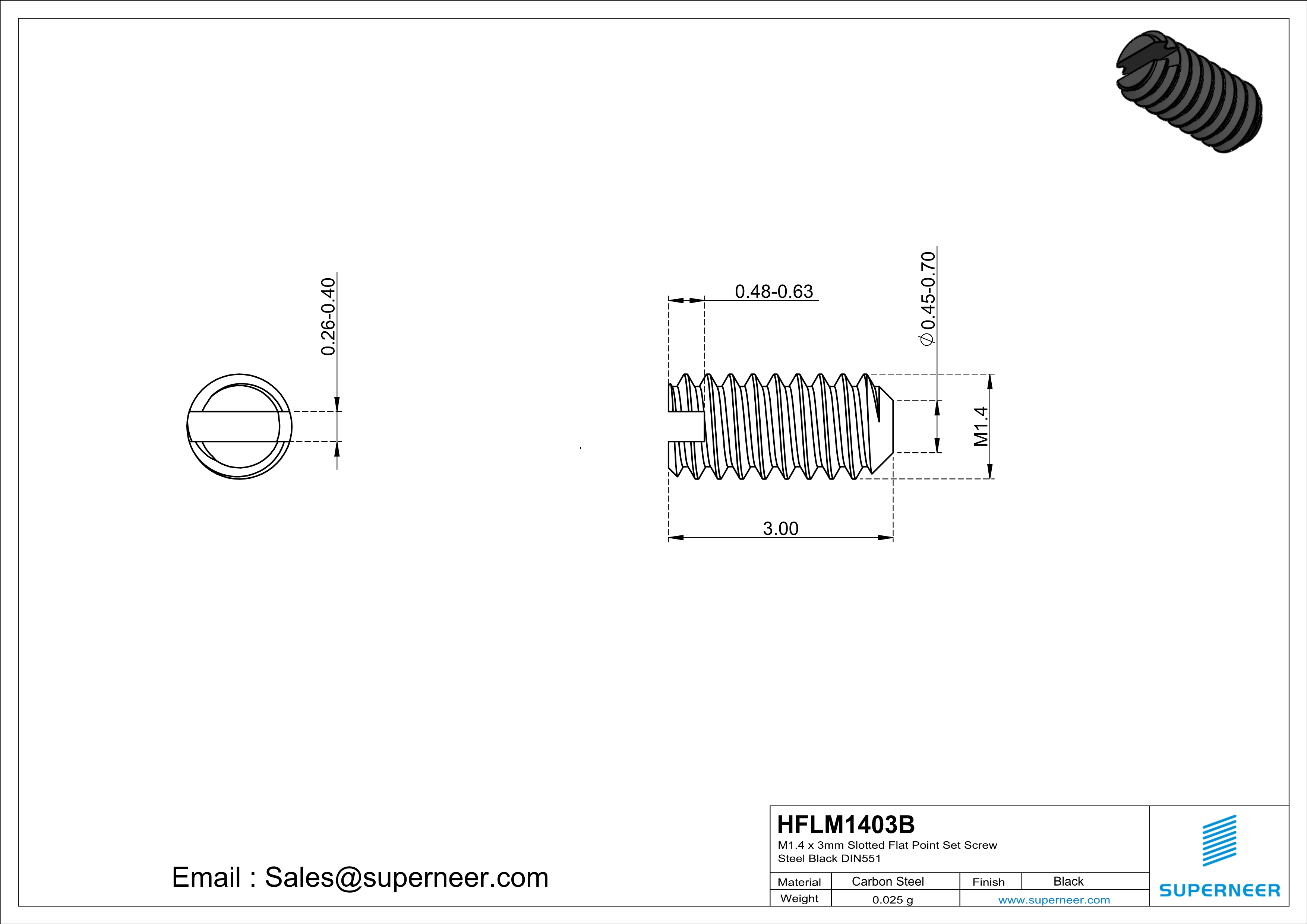 M1.4 x 3mm Slotted Flat Point Set Screw Steel Black 