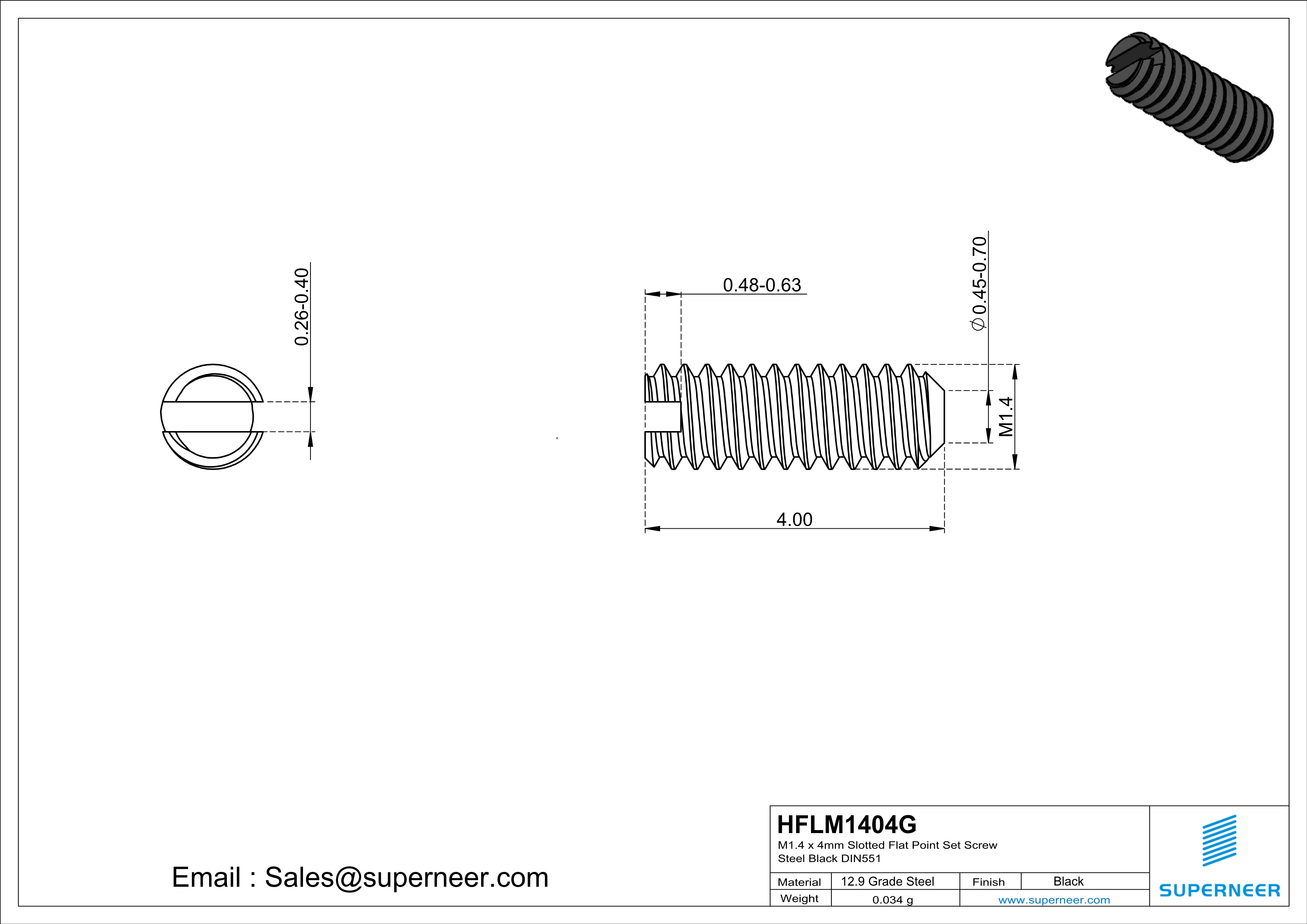 M1.4 x 4mm Slotted Flat Point Set Screw 12.9 Carbon Steel Black 