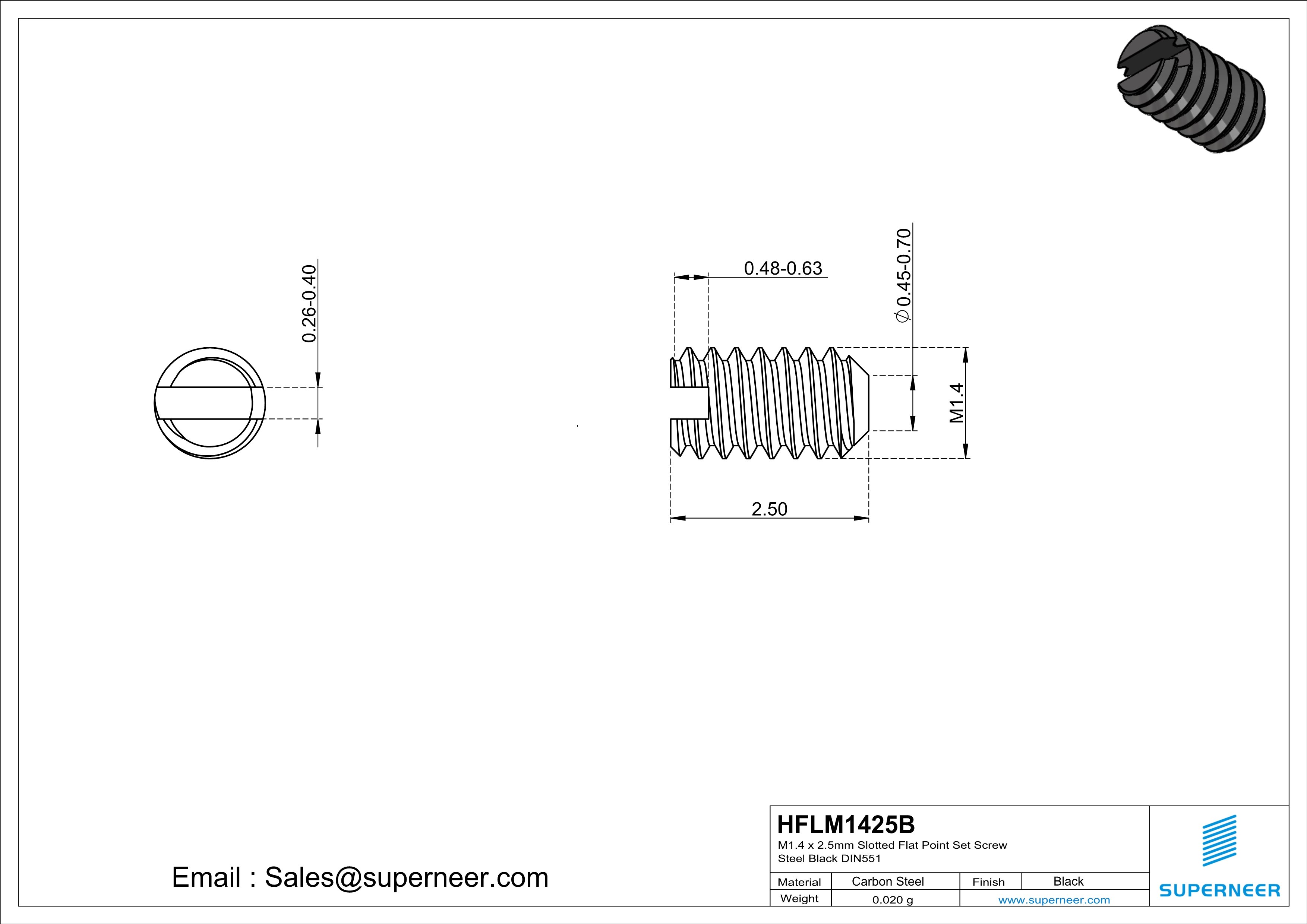 M1.4 x 2.5mm Slotted Flat Point Set Screw Steel Black 