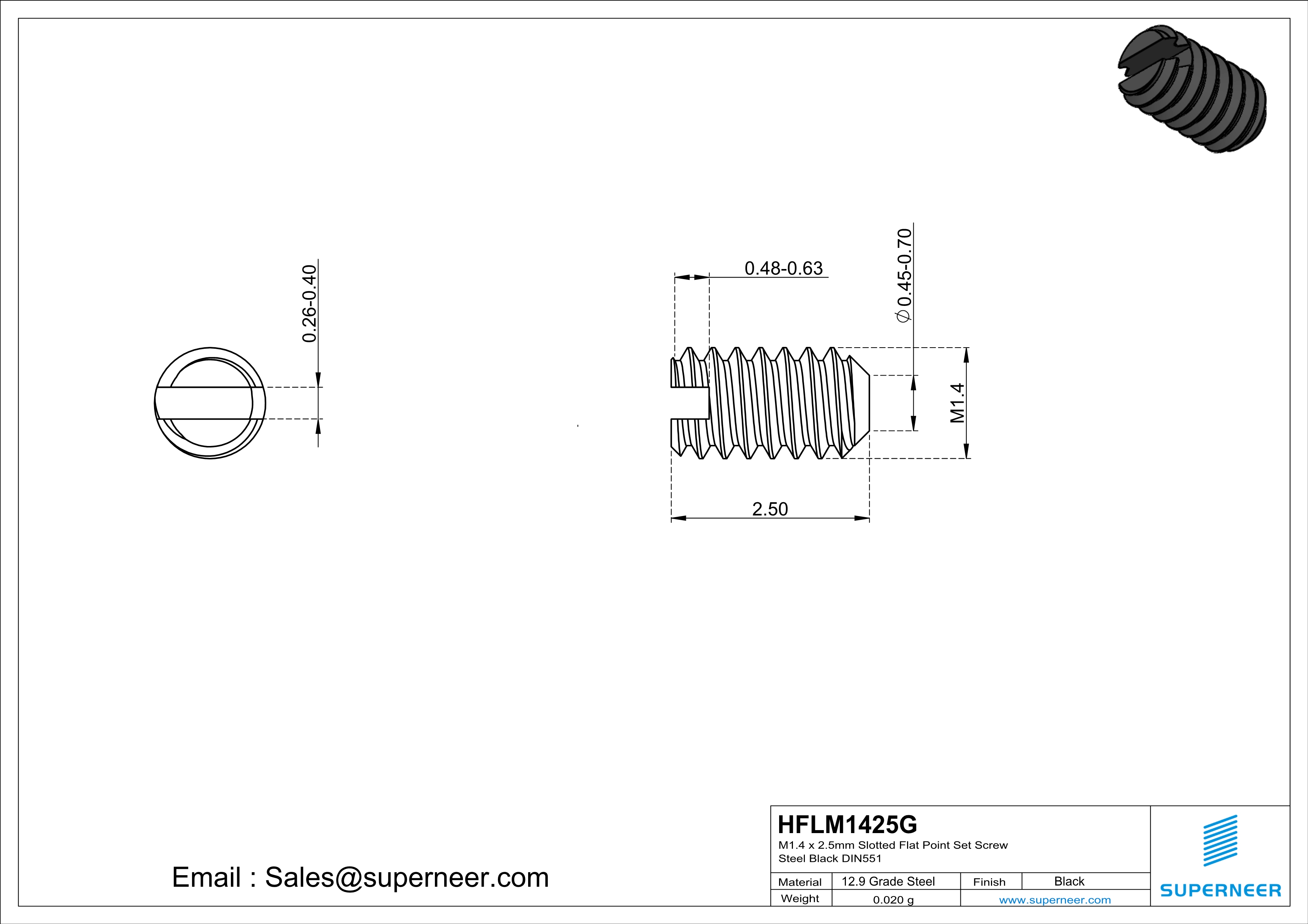 M1.4 x 2.5mm Slotted Flat Point Set Screw 12.9 Carbon Steel Black 