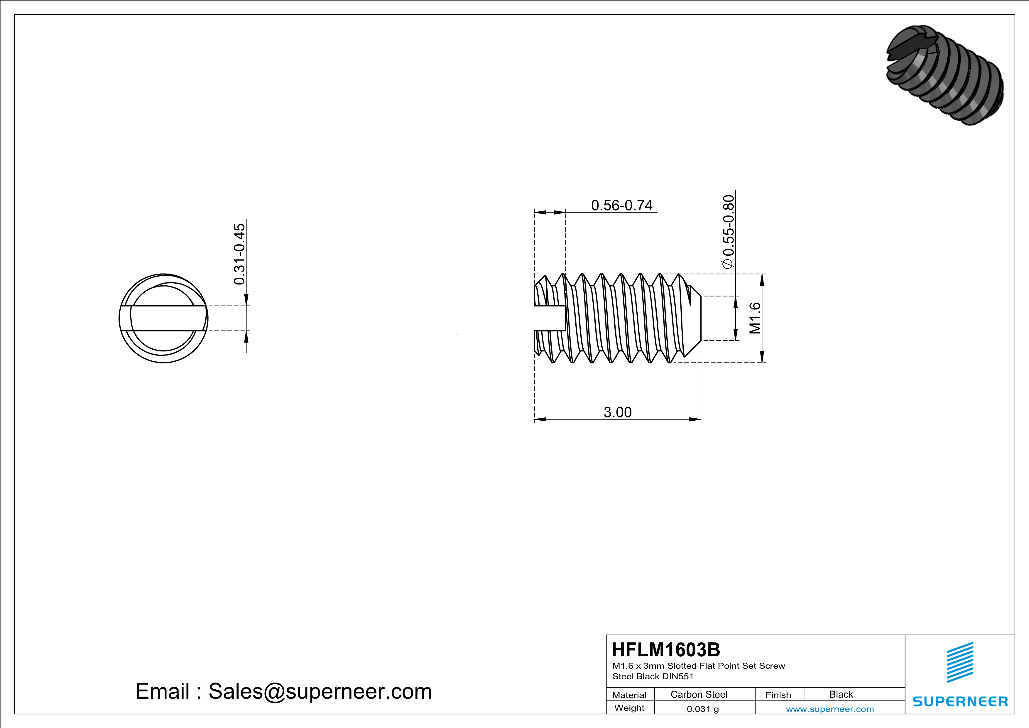 M1.6 x 3mm Slotted Flat Point Set Screw Steel Black 